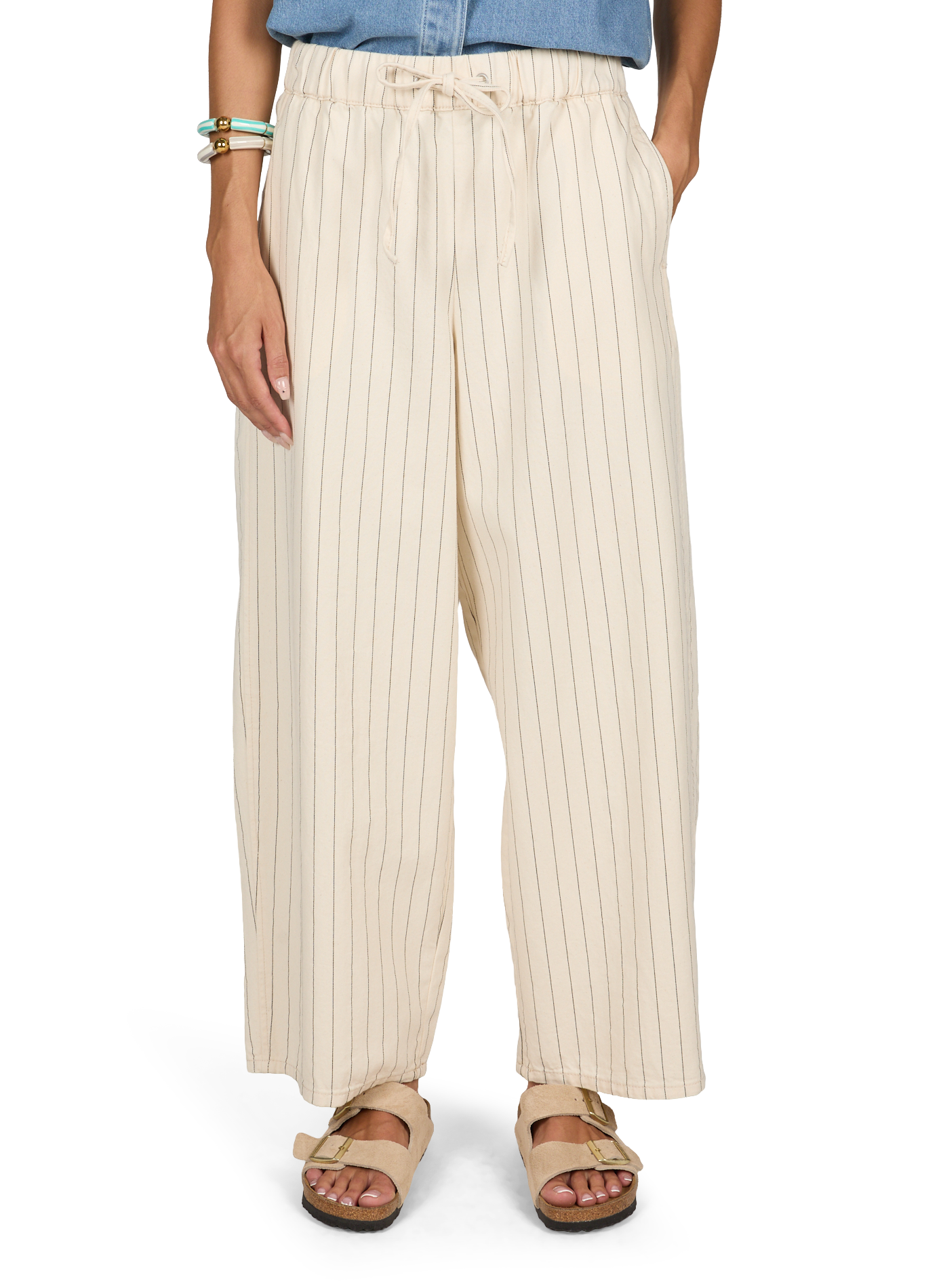 Straight pants with fine cotton stripes OBJECT Beige
