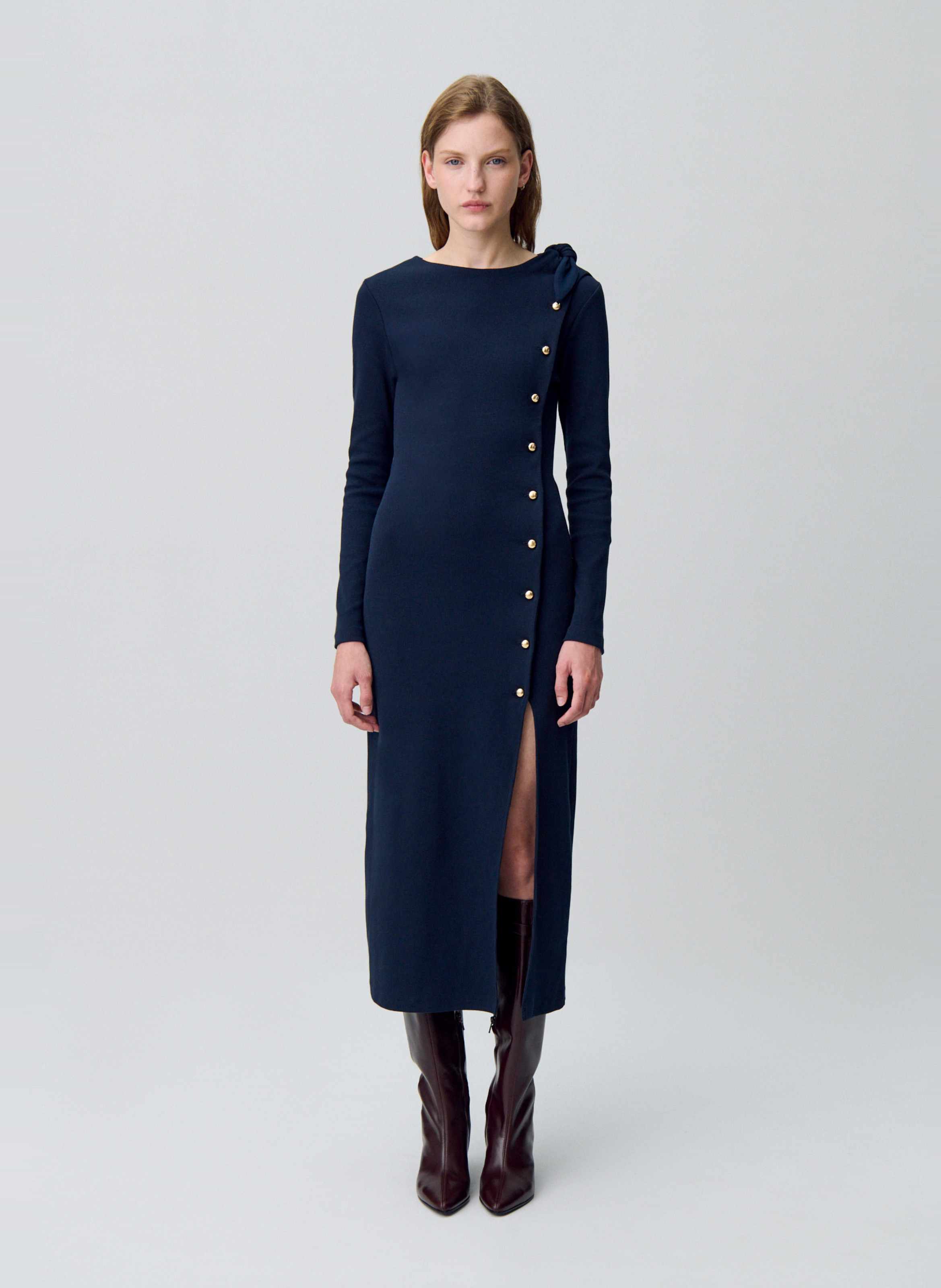Robe midi col rond en coton mélangé marceau CLAUDIE PIERLOT Bleu