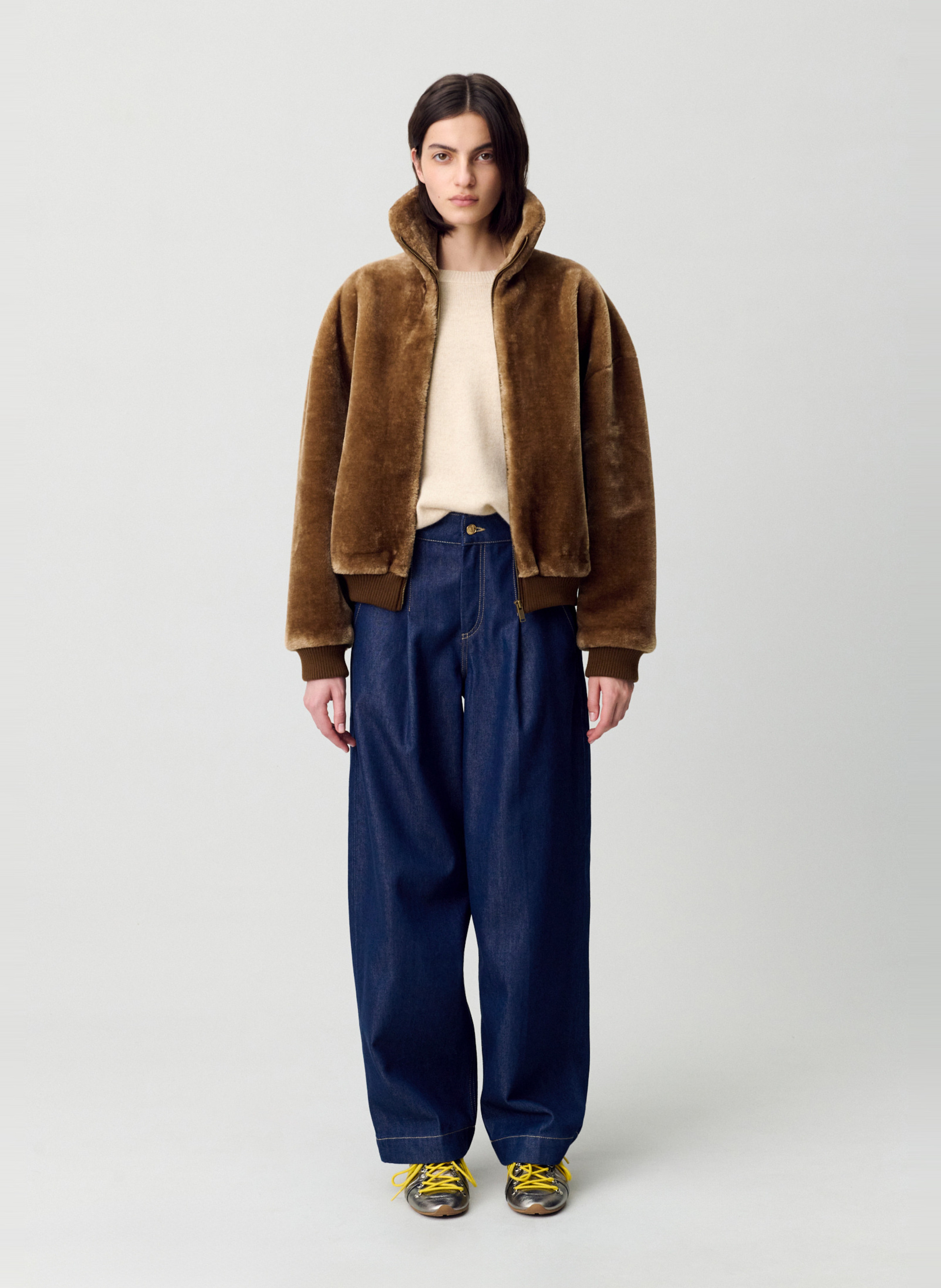 Veste droite col montant en fourrure synthétique fanya CLAUDIE PIERLOT Marron