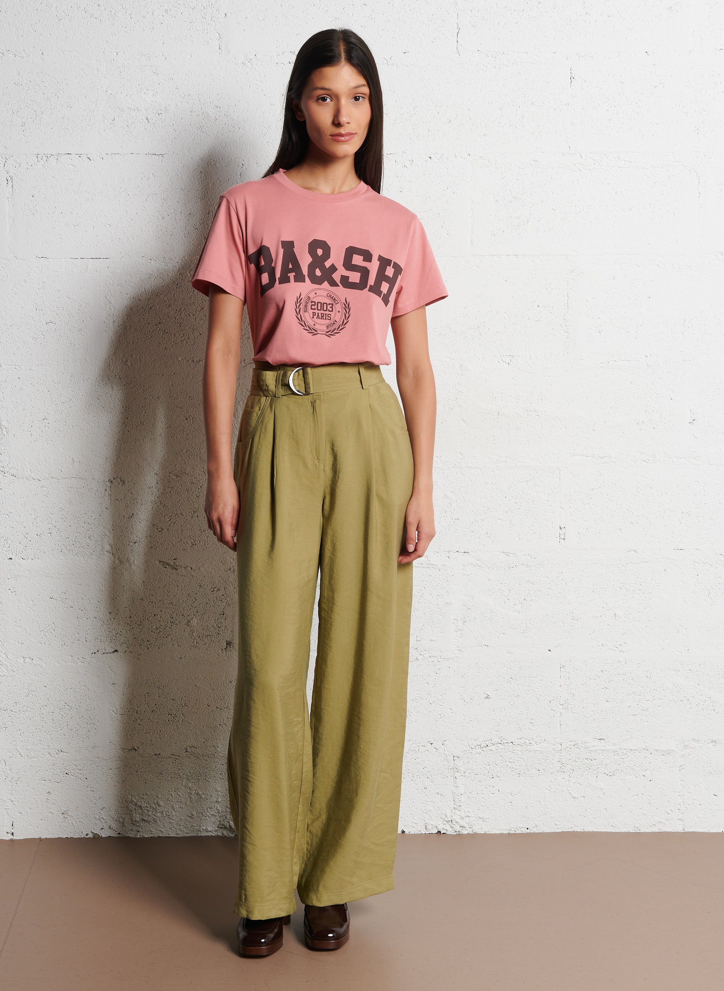 Tee-shirt droit col rond sérigraphié en coton ioni BA&SH Rose