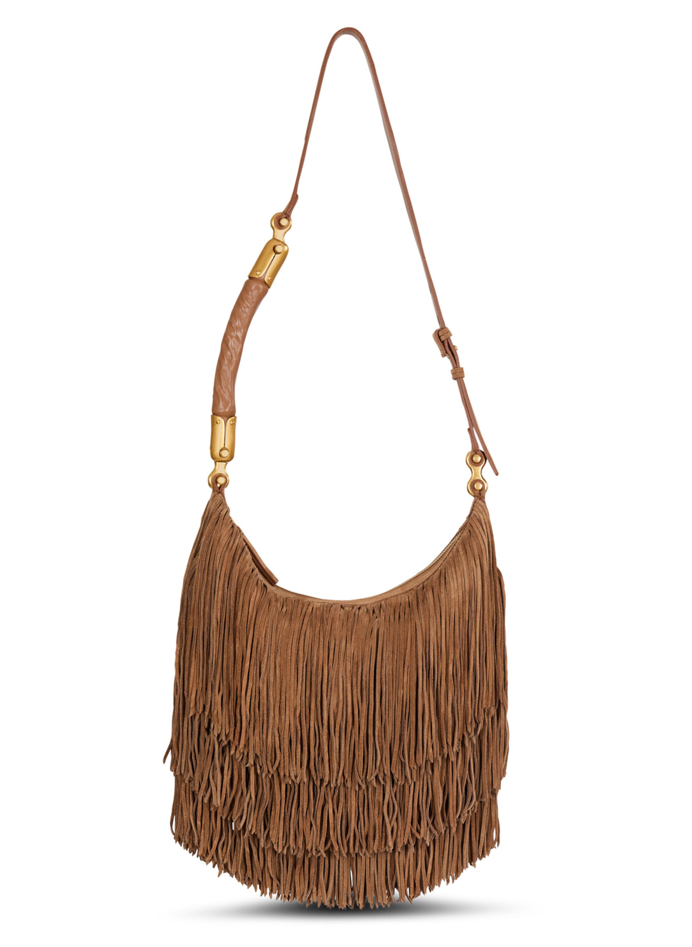 Sac ebene hobo en cuir suédé à franges BALMAIN Marron