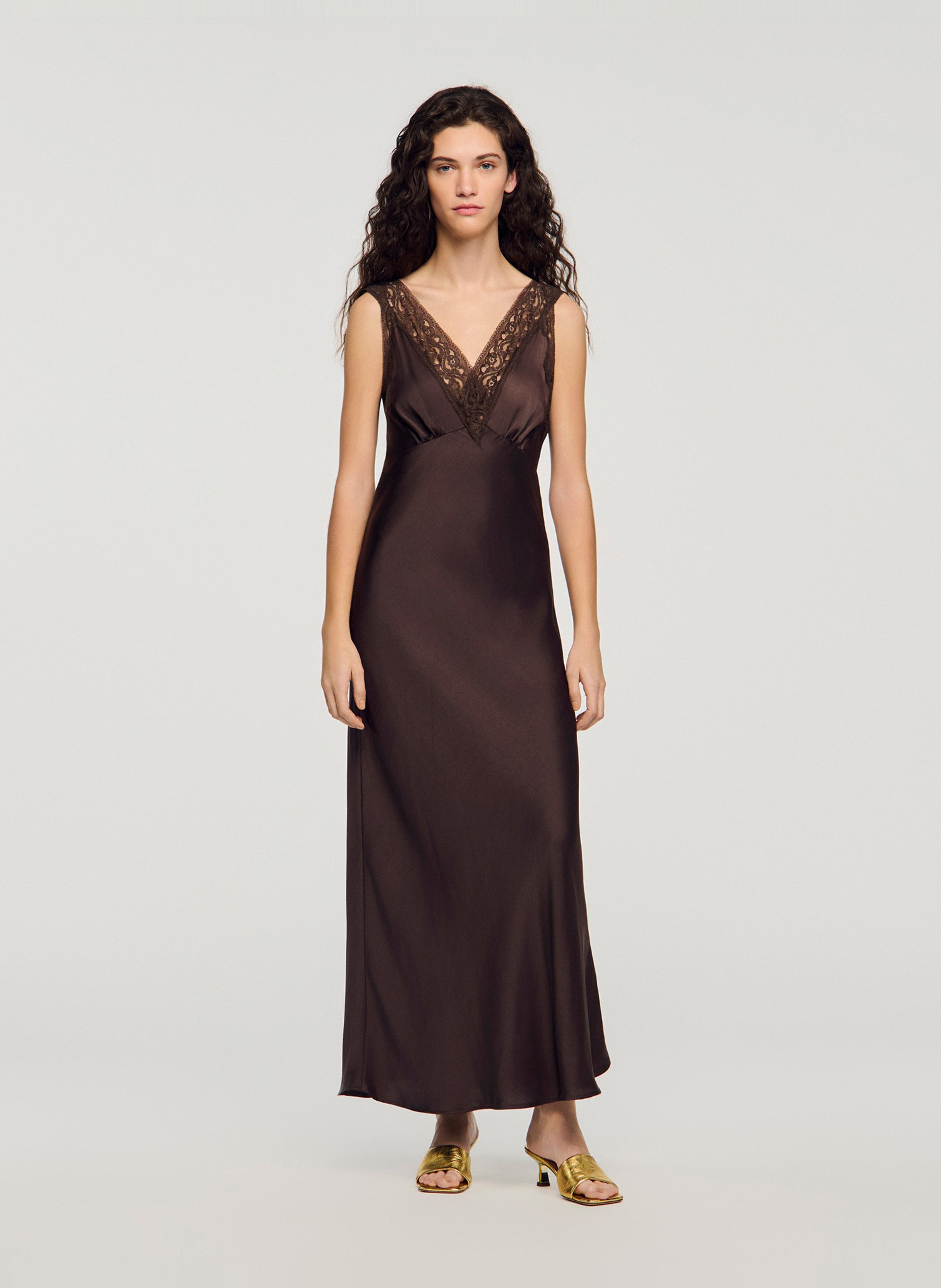 Robe midi satinée SANDRO Marron