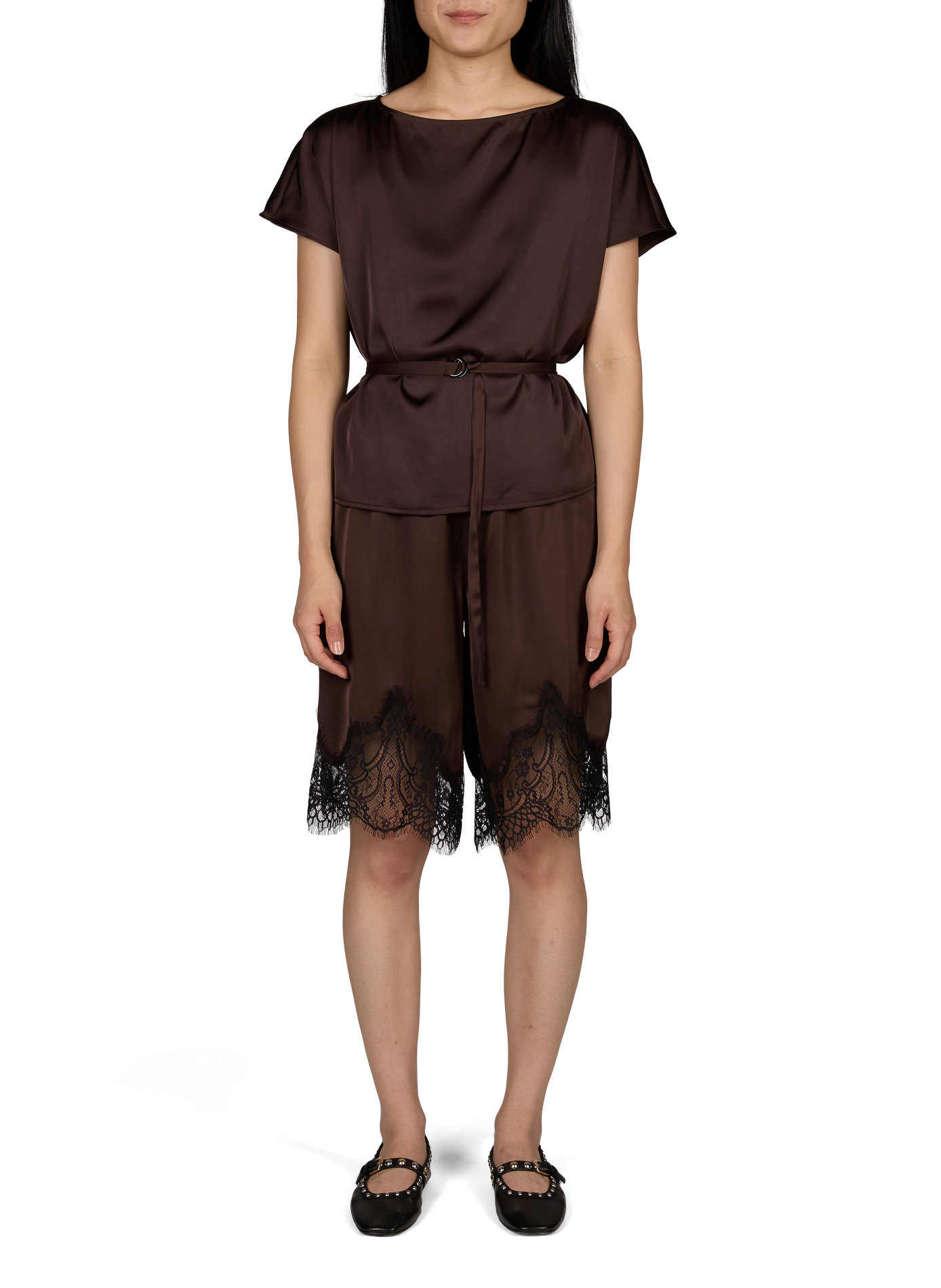 Gonna in raso con pizzo. OBJECT Marrone
