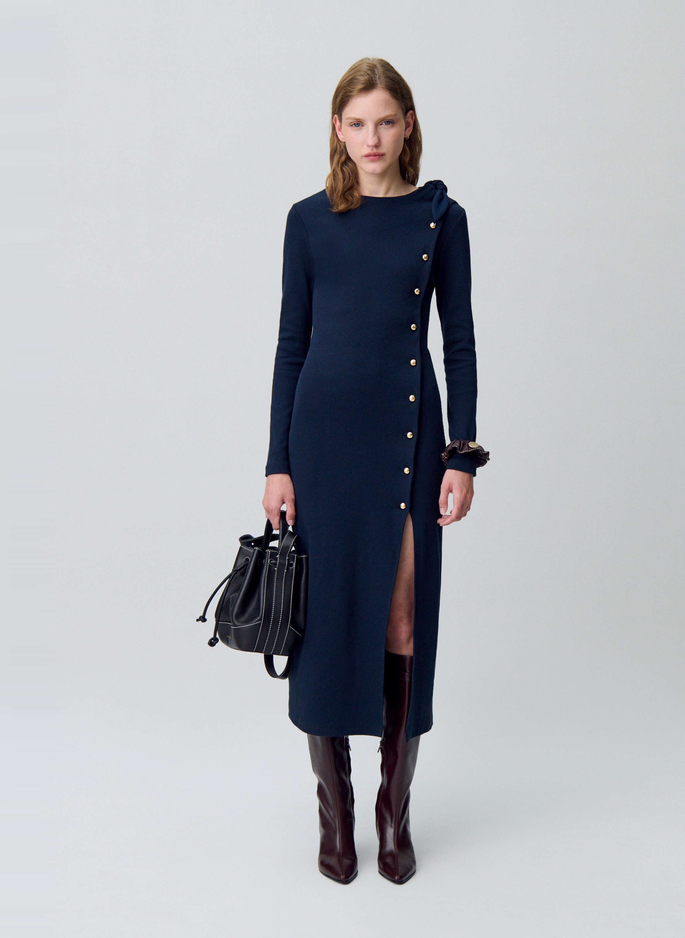 Robe midi col rond en coton mélangé marceau CLAUDIE PIERLOT Bleu