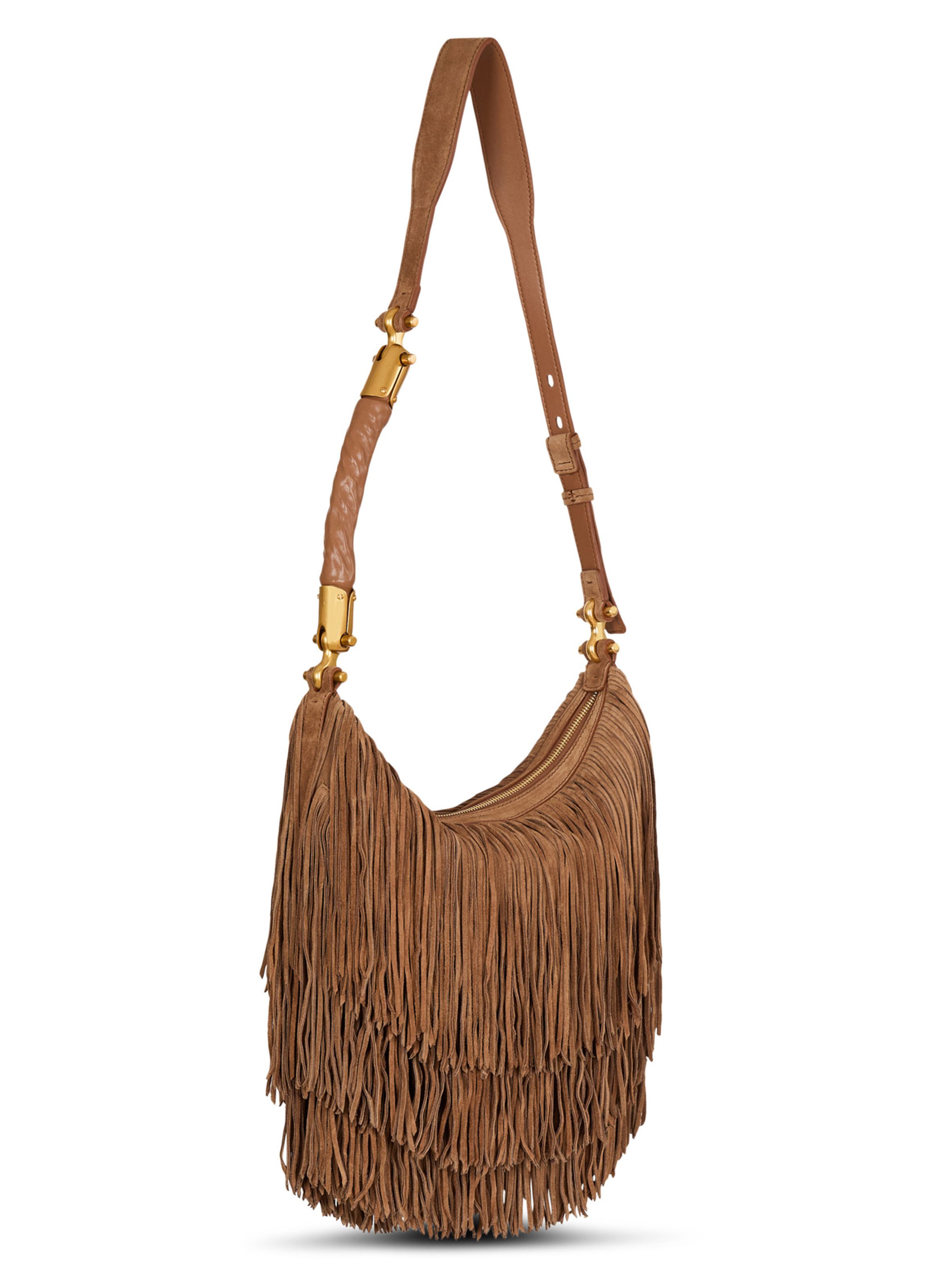 Sac ebene hobo en cuir suédé à franges BALMAIN Marron