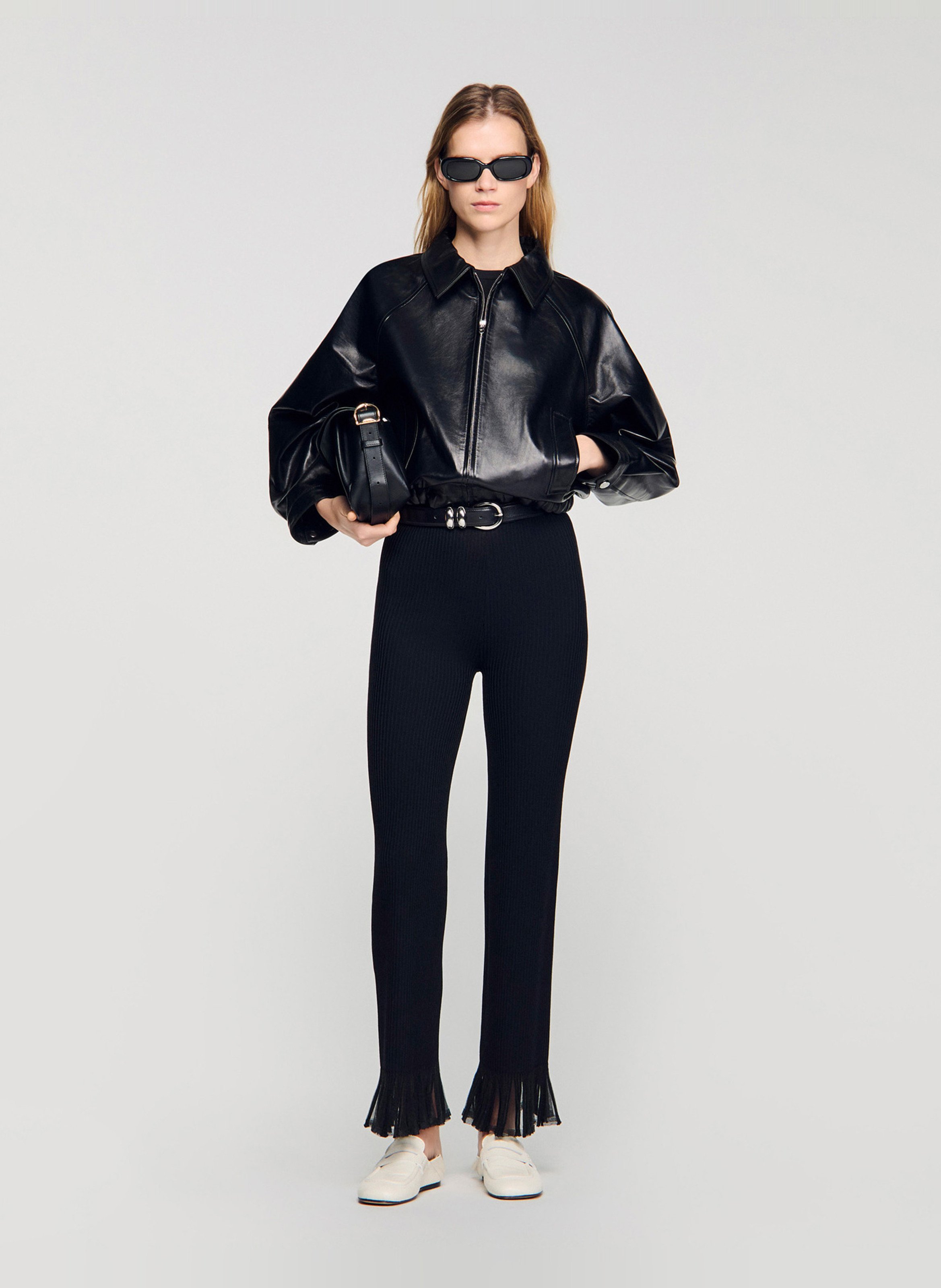 Veste col classique en cuir SANDRO Noir