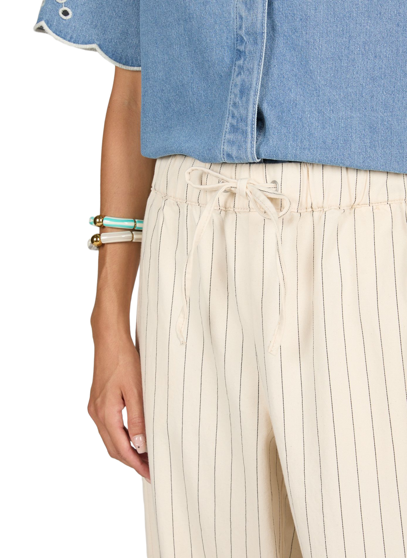 Straight pants with fine cotton stripes OBJECT Beige