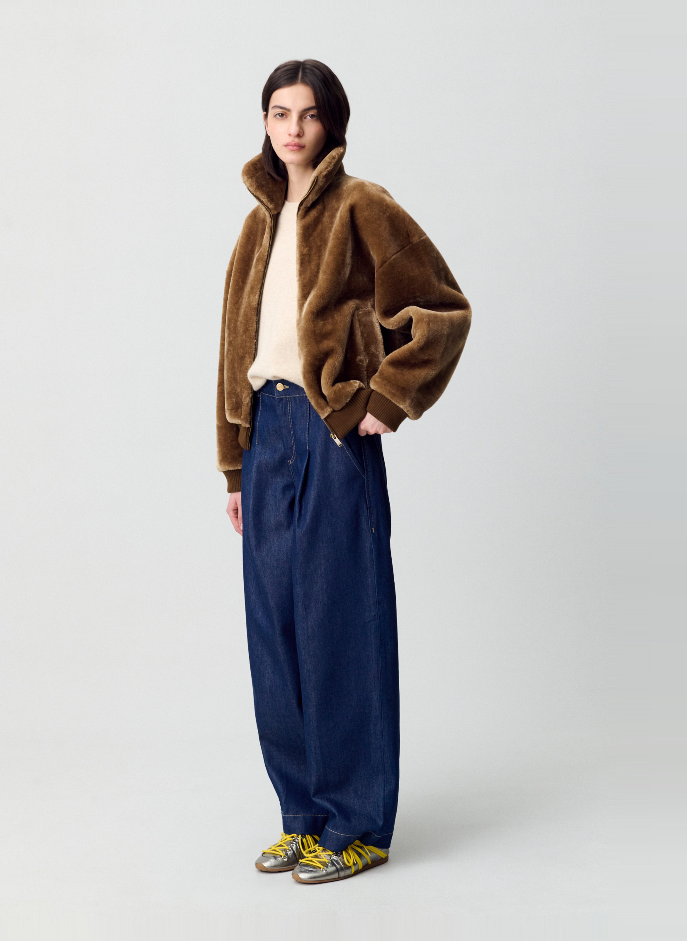 Veste droite col montant en fourrure synthétique fanya CLAUDIE PIERLOT Marron