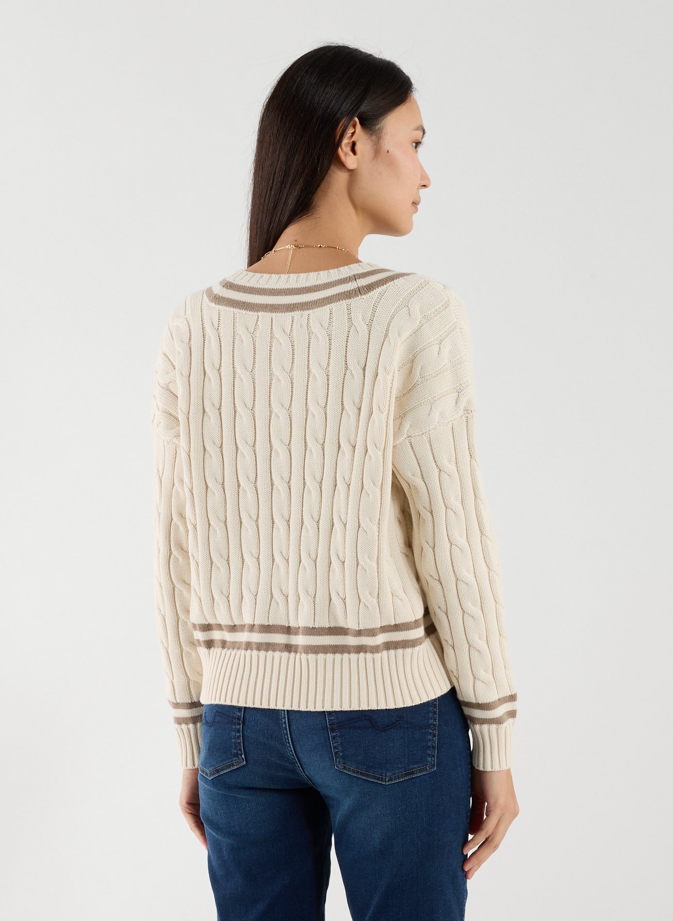 Pull col V en maille torsadée de coton LAUREN Beige