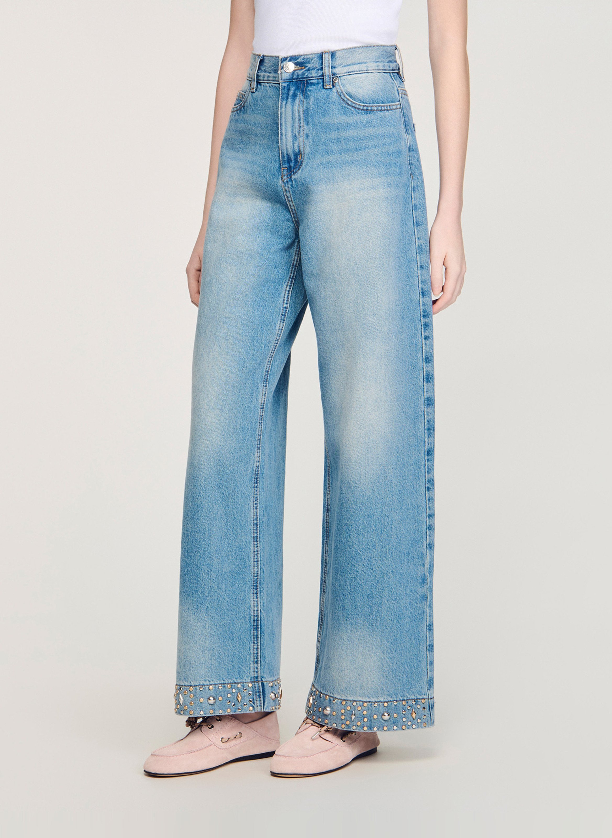 Jean taille haute délavé à clous SANDRO Bleu