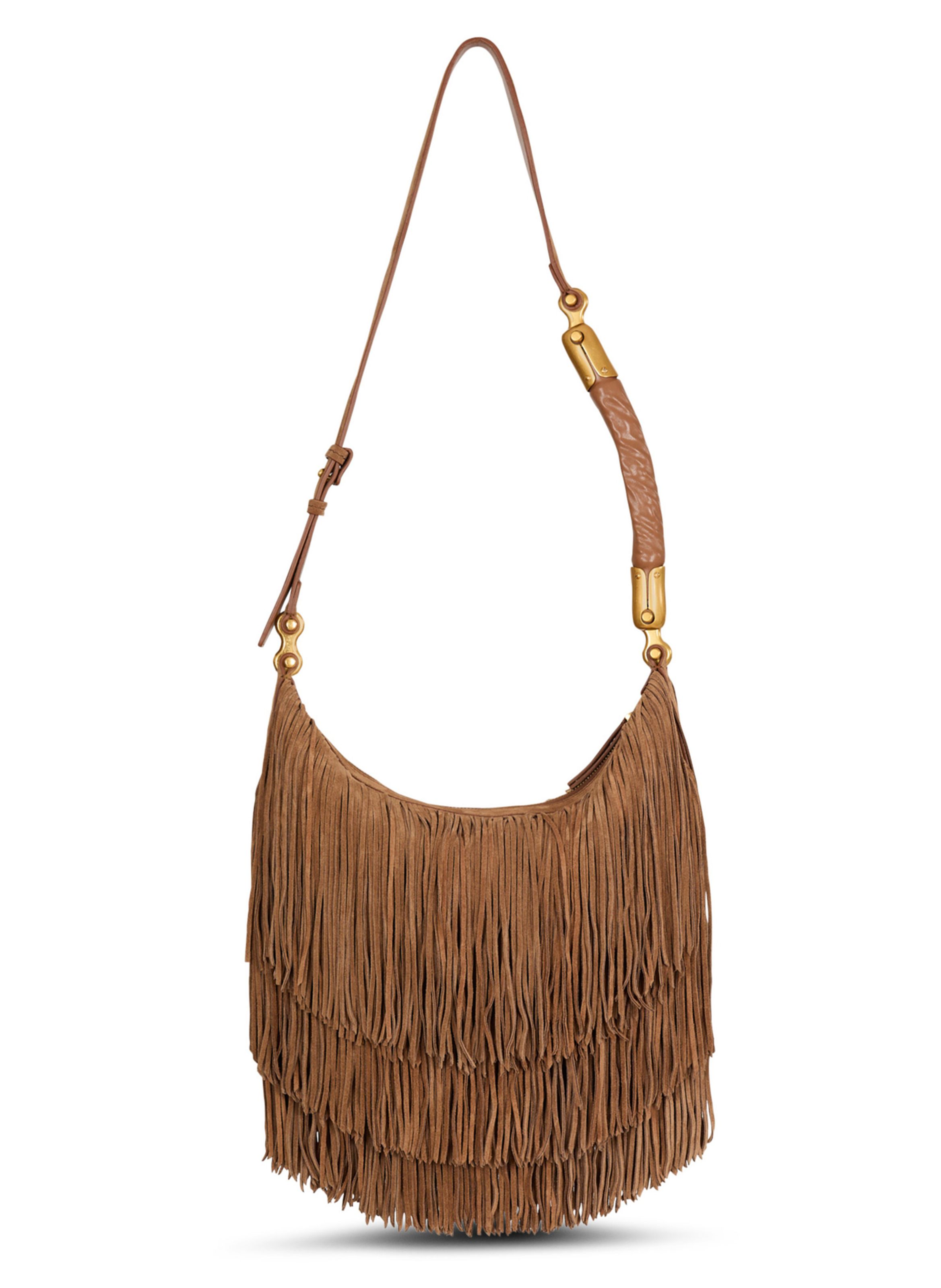 Sac ebene hobo en cuir suédé à franges BALMAIN Marron