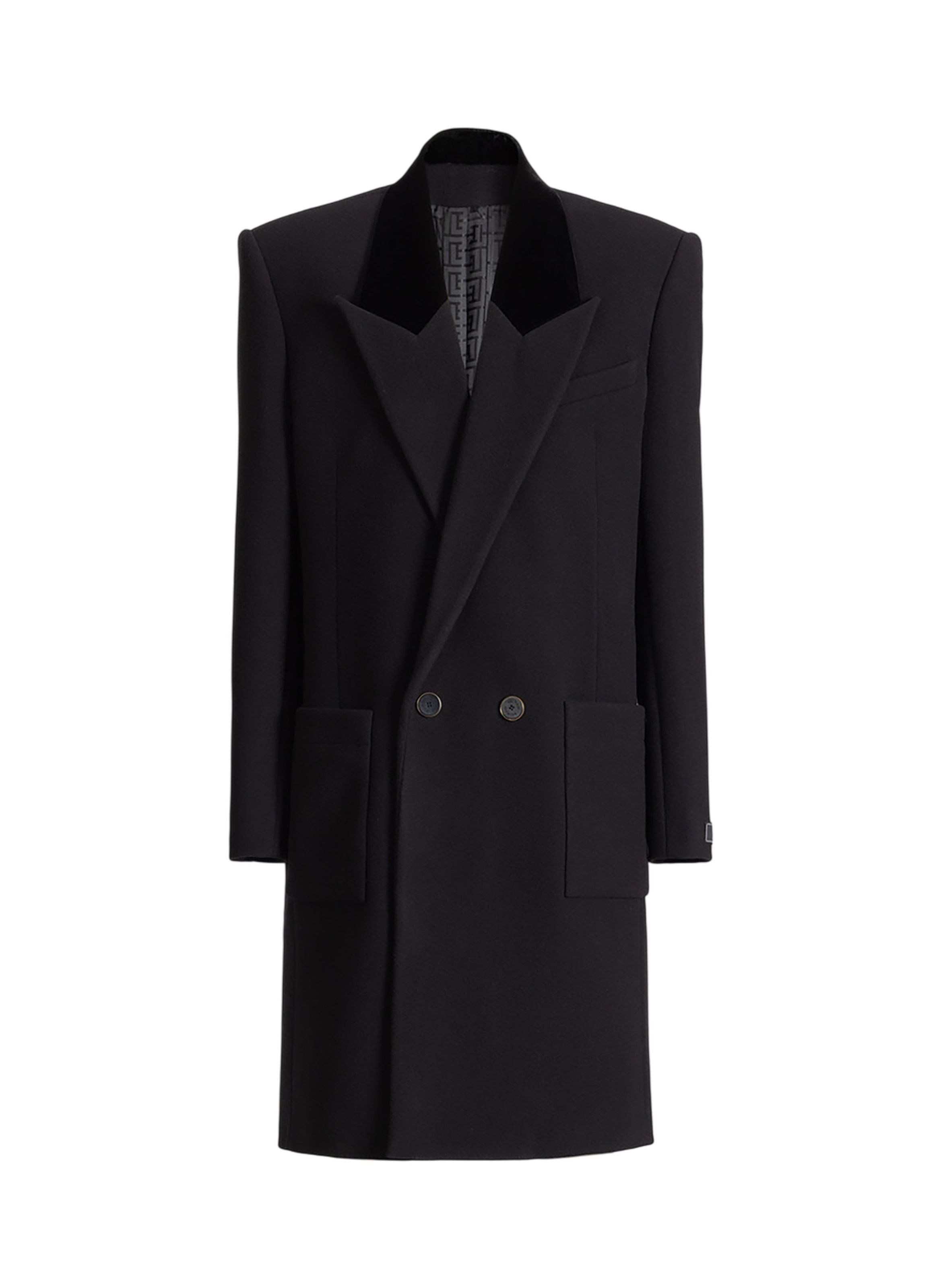 Manteau long en laine et velours BALMAIN Noir