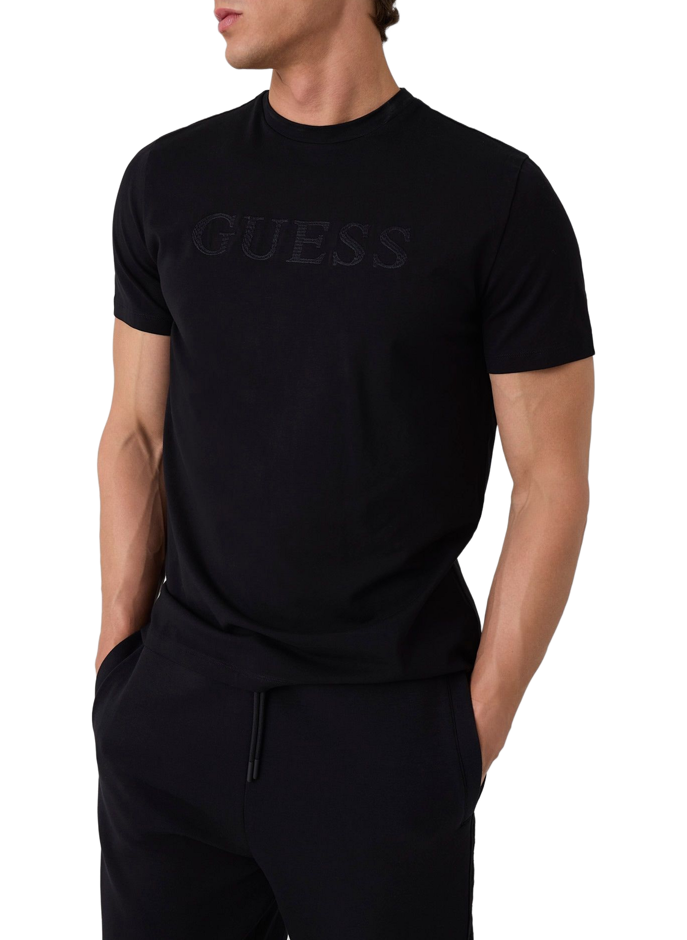 Round neck t-shirt with embroidered logo in blended cotton GUESS Black