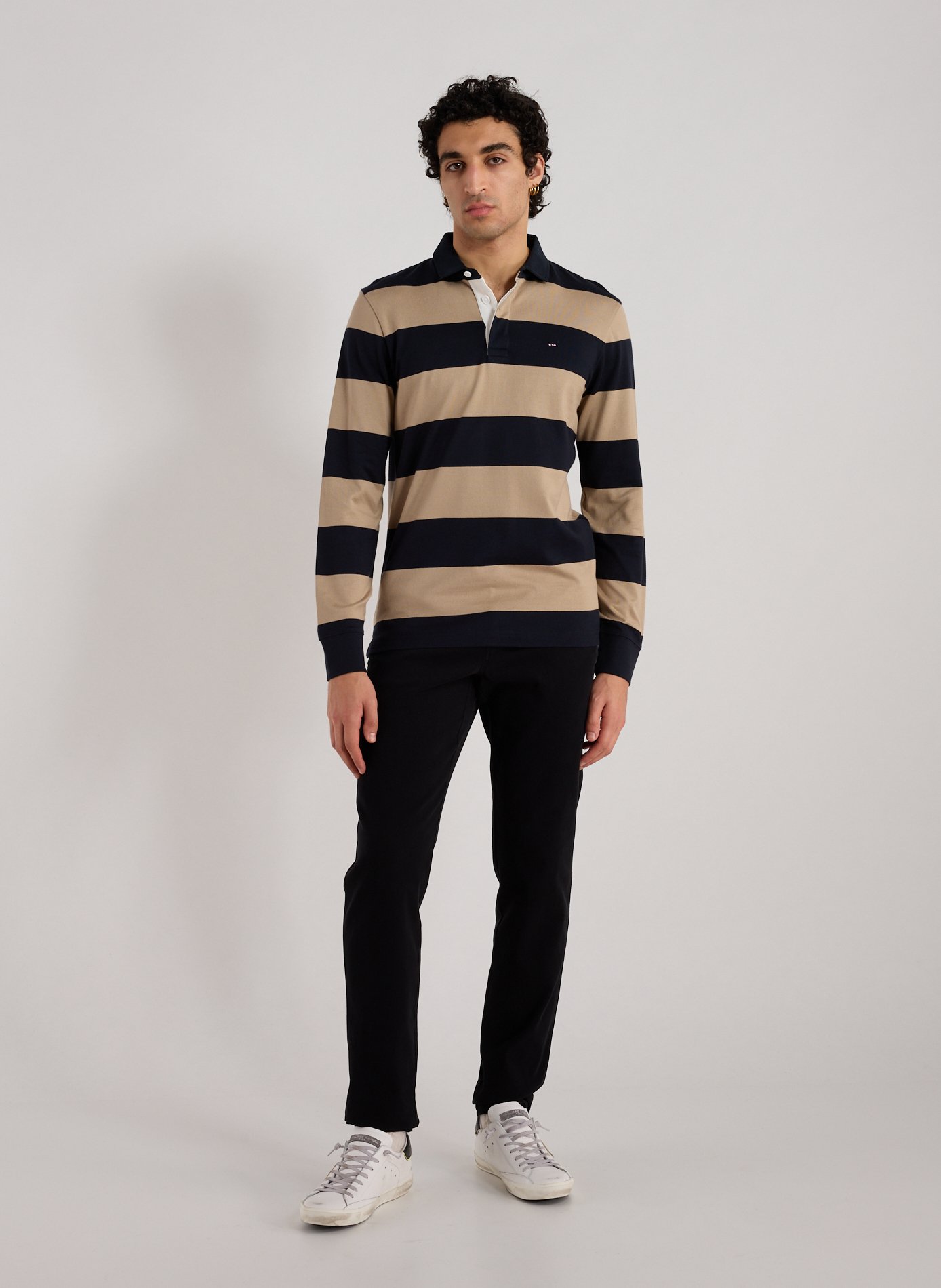 Striped long-sleeve cotton polo EDEN PARK Beige