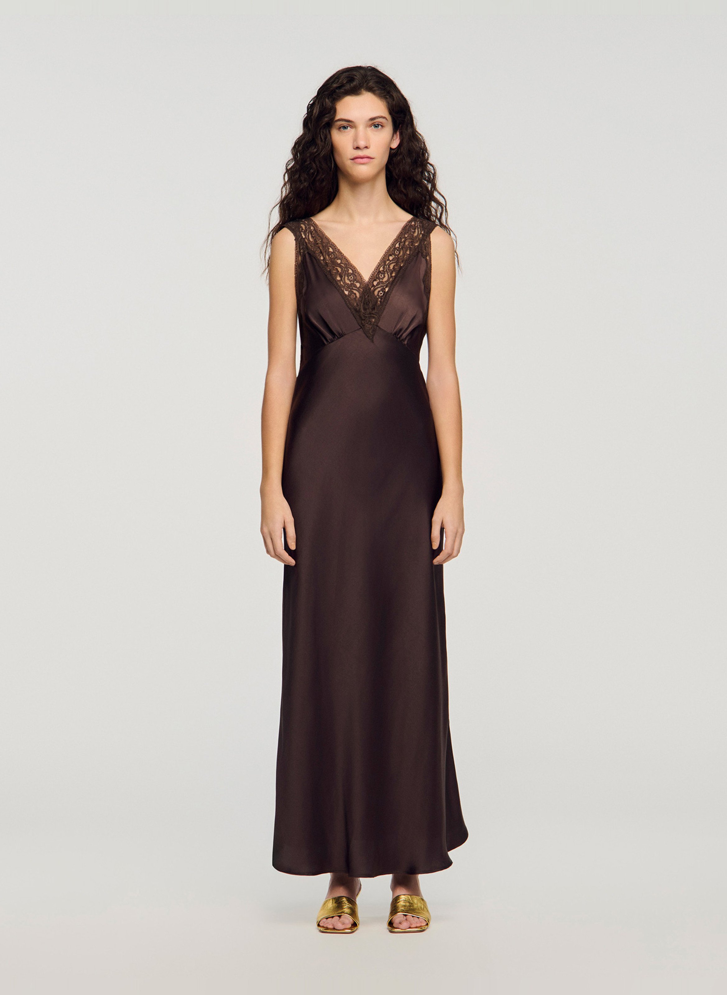 Robe midi satinée SANDRO Marron