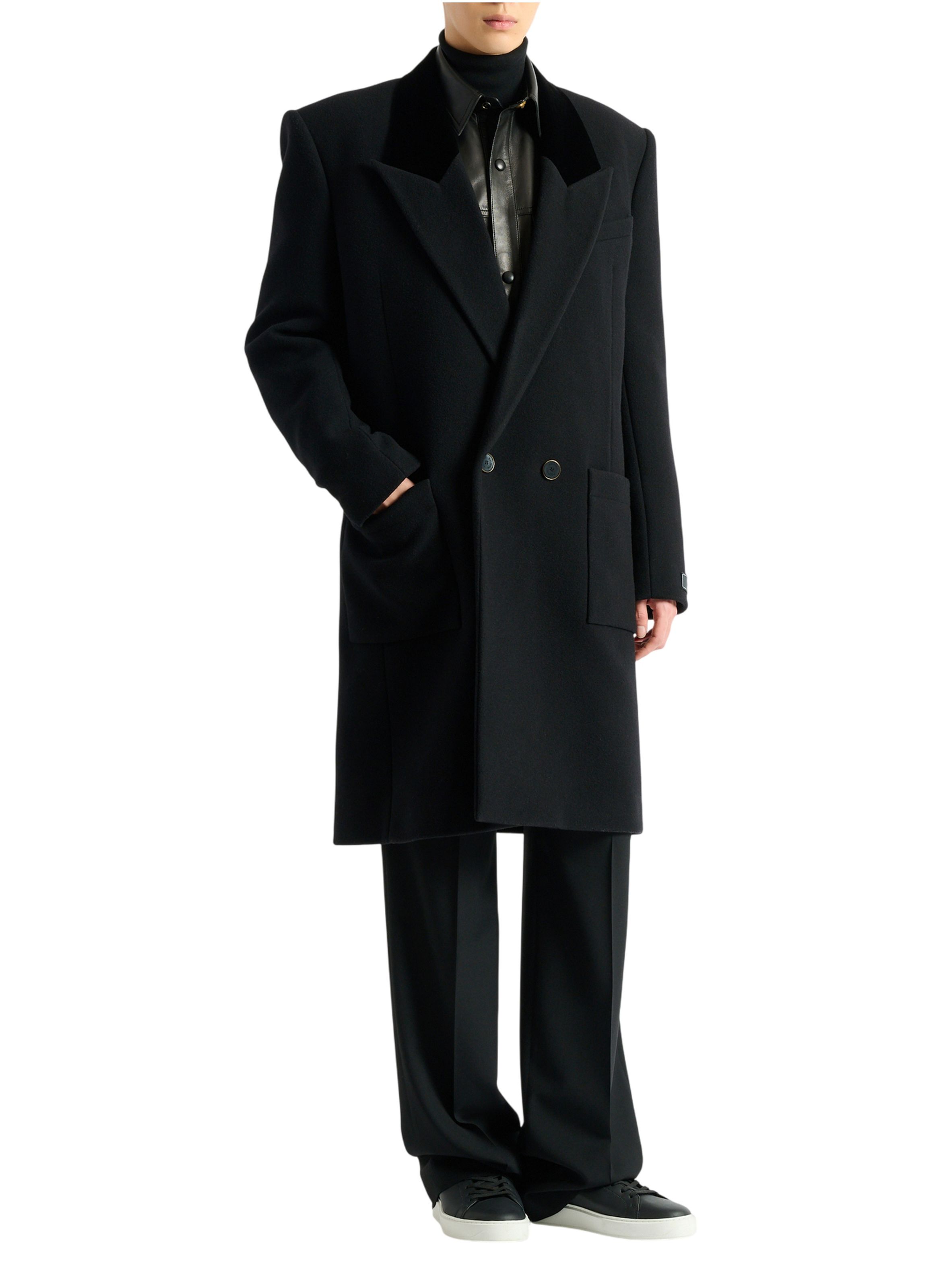 Manteau long en laine et velours BALMAIN Noir