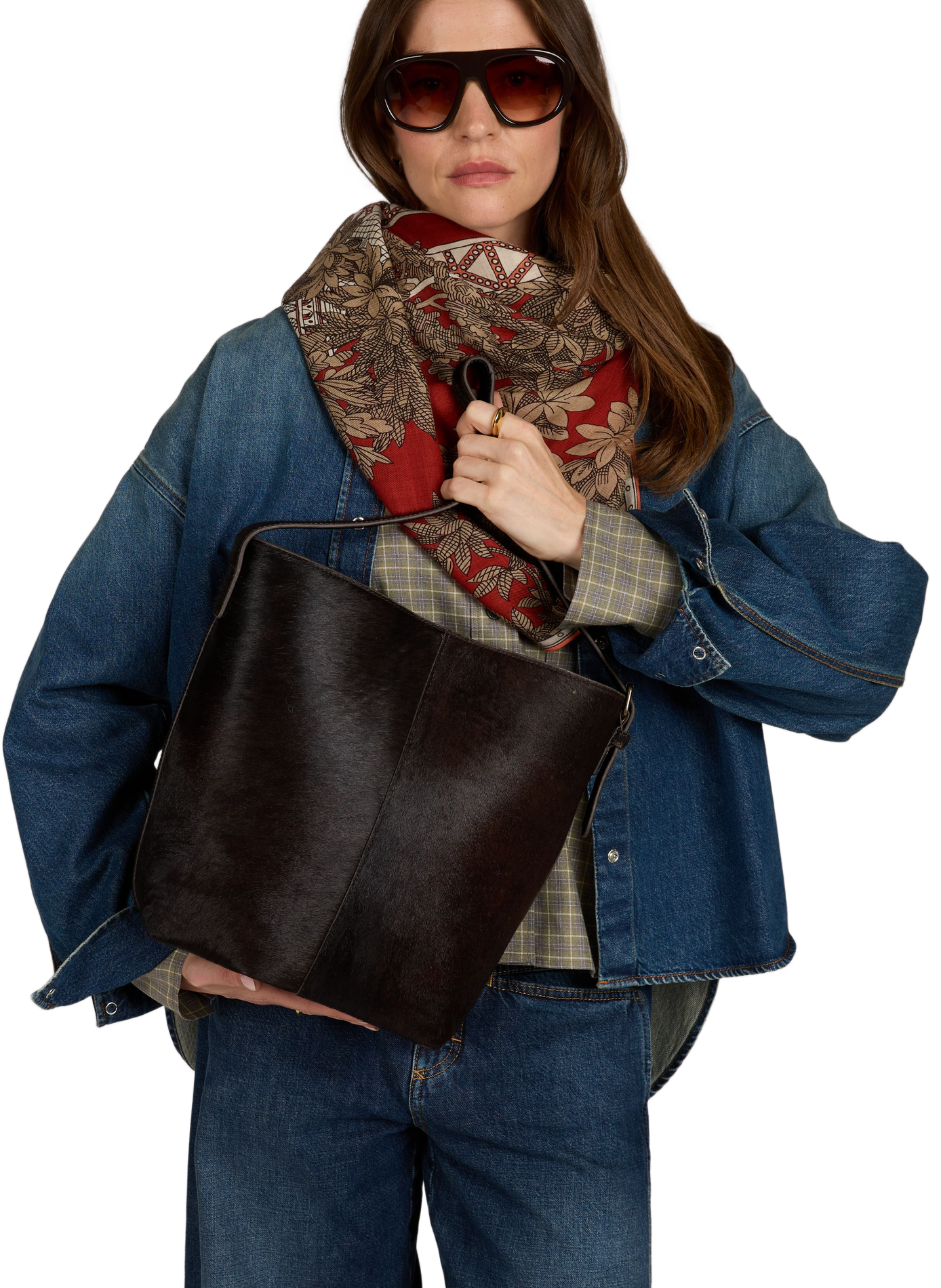 Adjustable leather bucket bag with shoulder strap ROUGE EDIT Brown