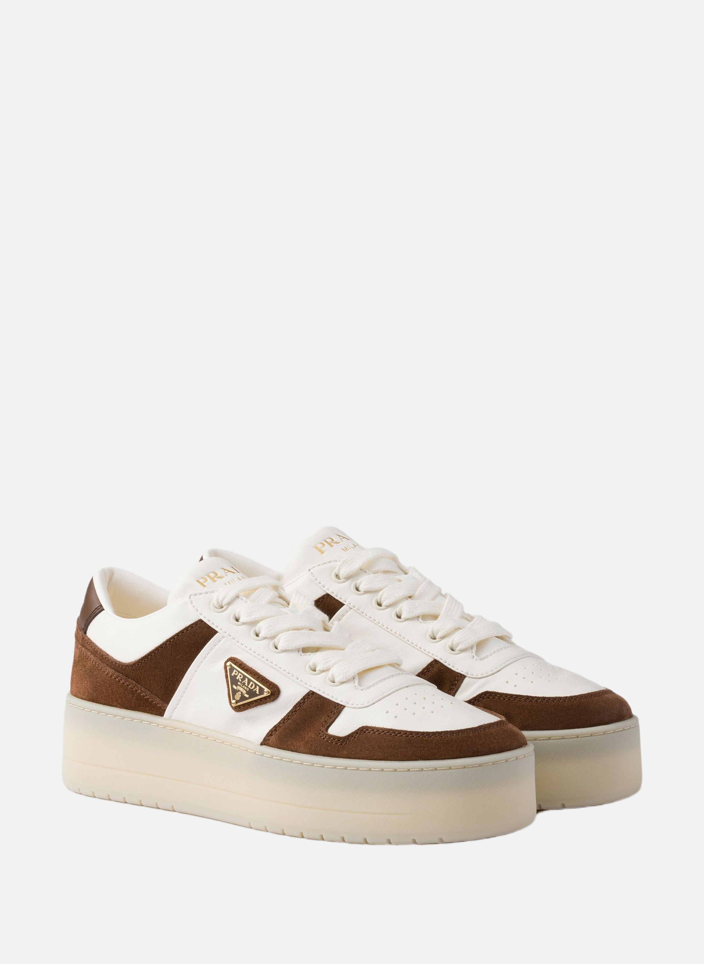 Sneakers downtown bold en cuir nappa et veau velou PRADA Marron
