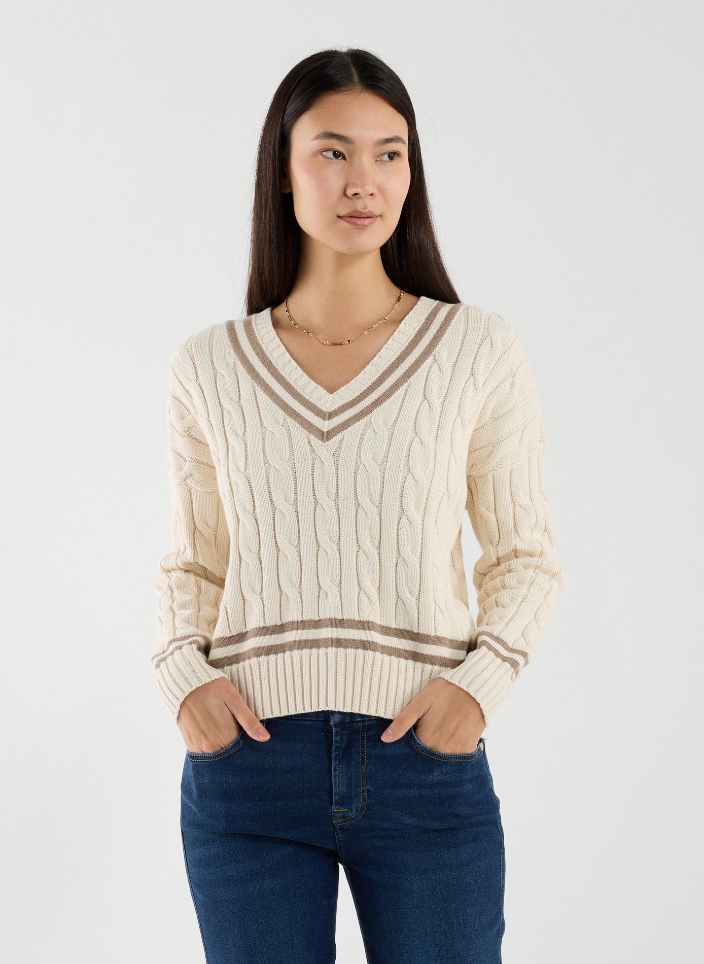 Pull col V en maille torsadée de coton LAUREN Beige