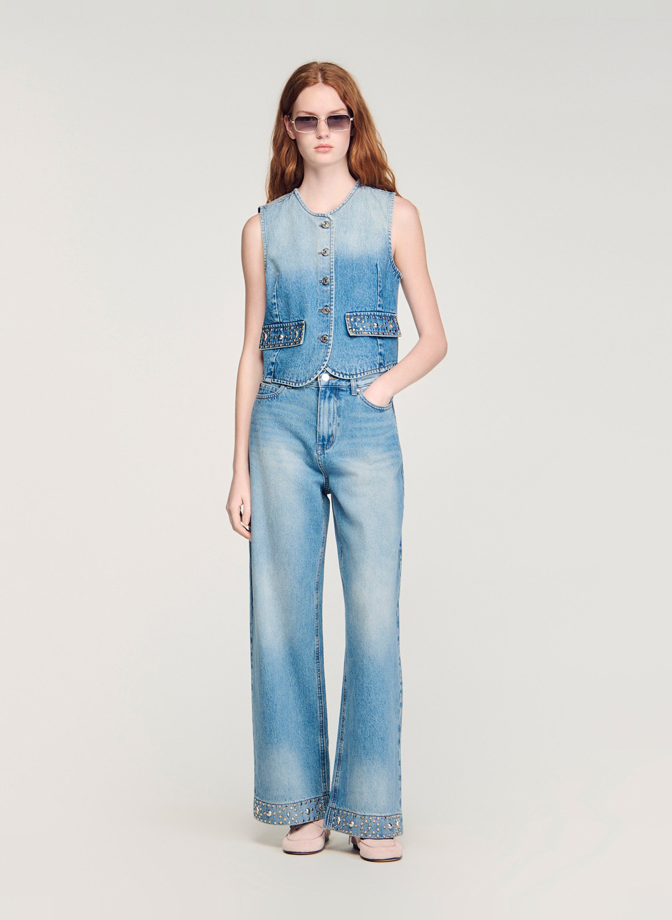 Jean taille haute délavé à clous SANDRO Bleu