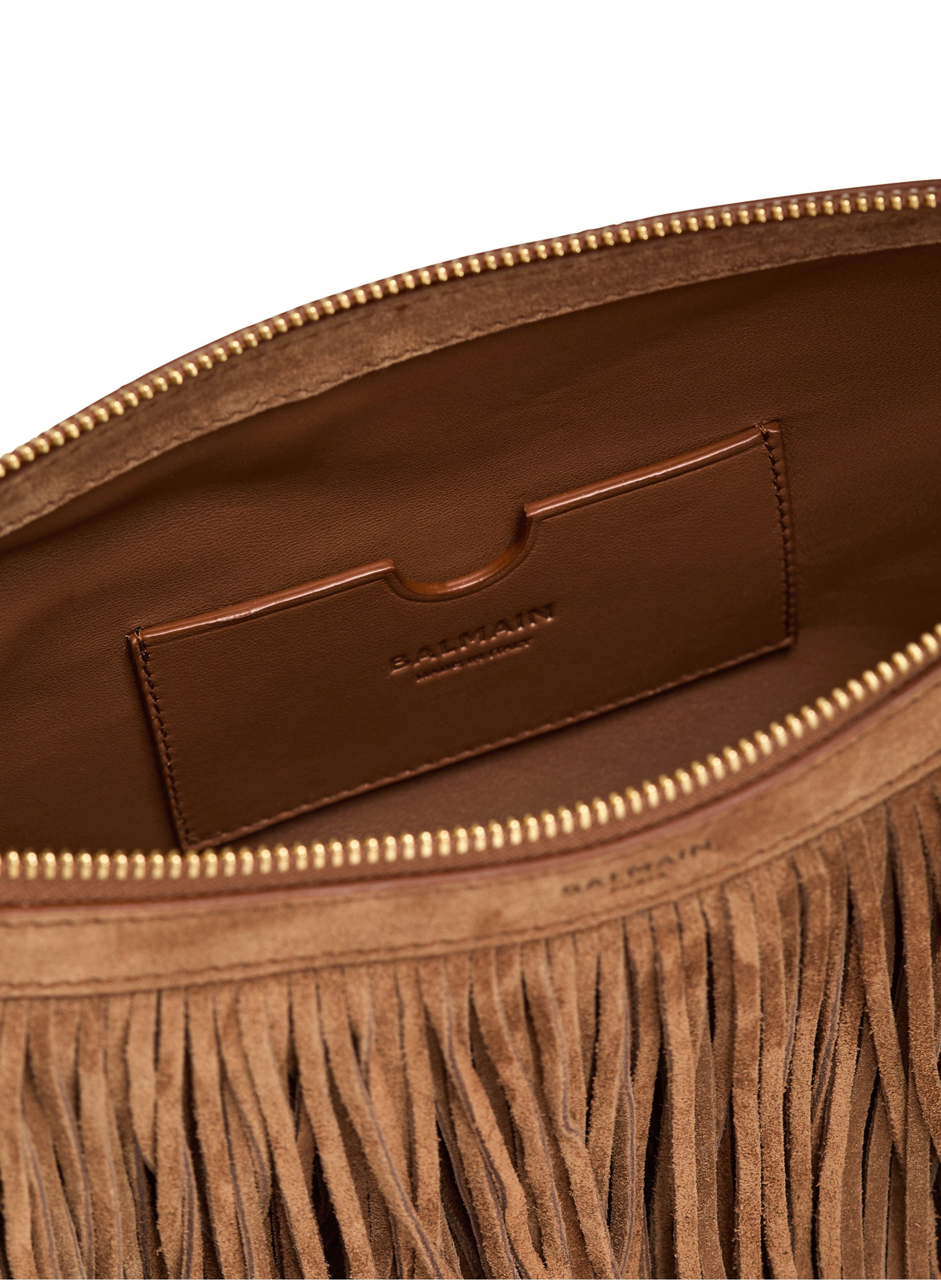 Sac ebene hobo en cuir suédé à franges BALMAIN Marron