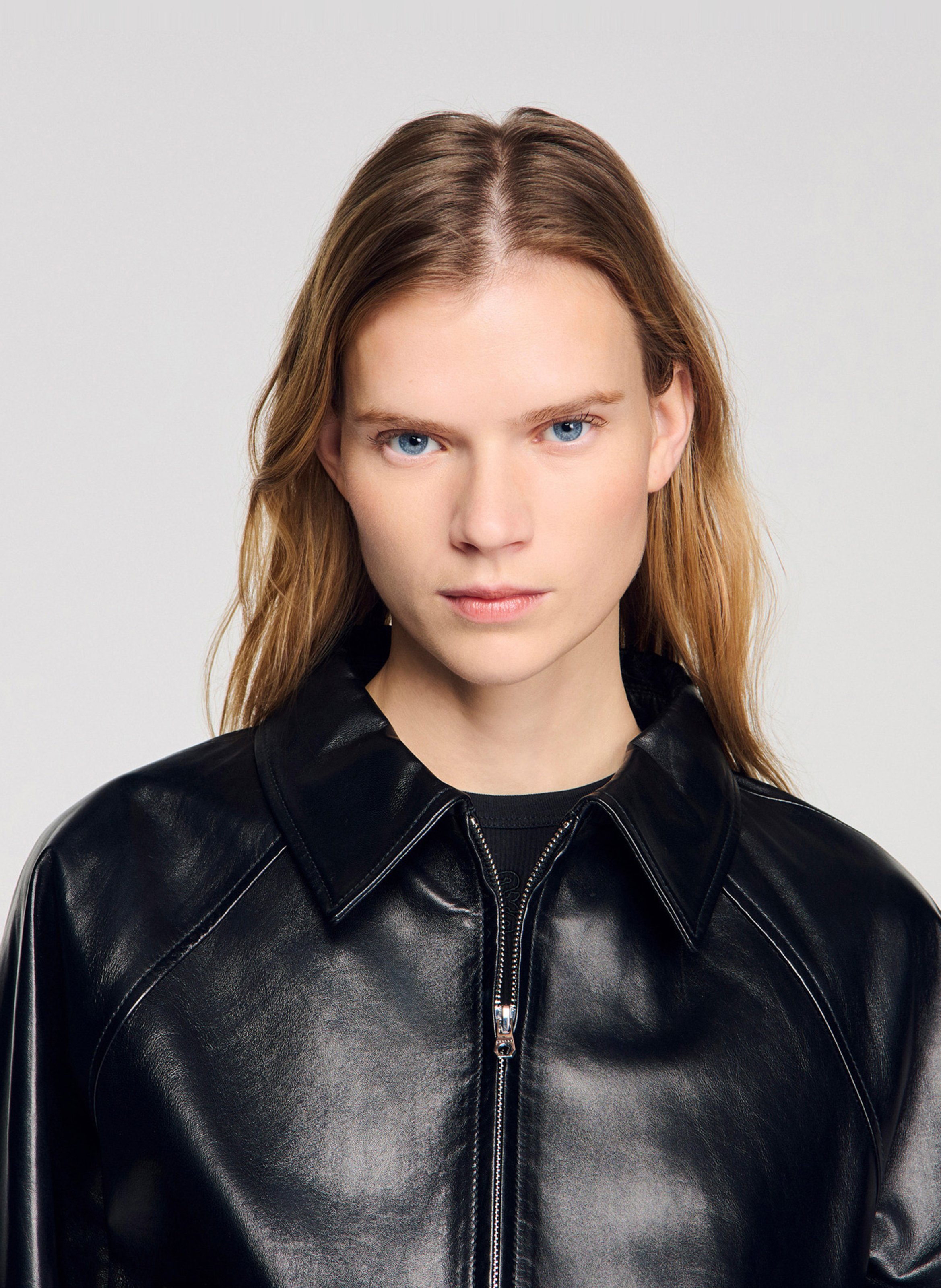 Veste col classique en cuir SANDRO Noir