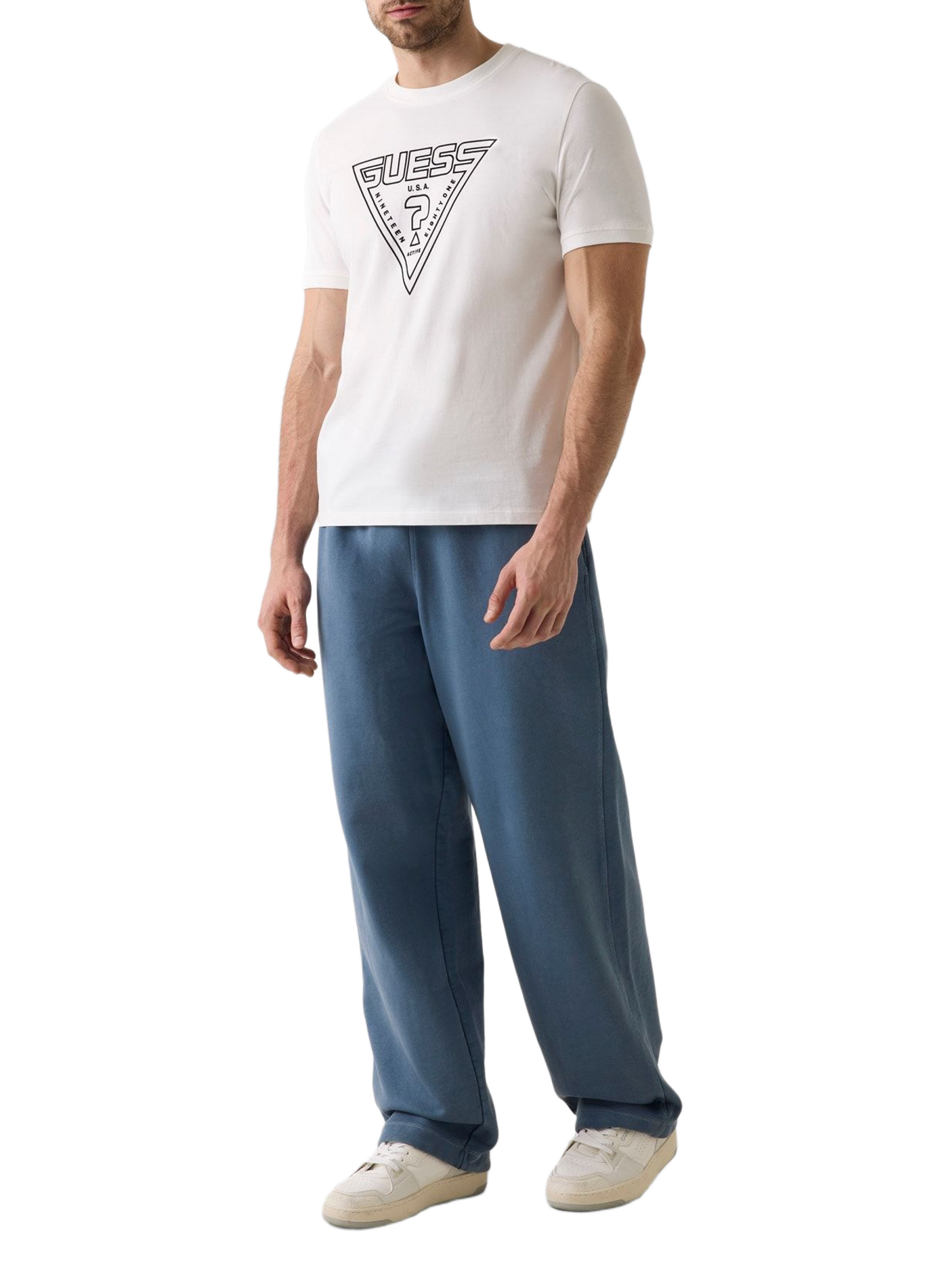 Straight short-sleeved T-shirt with cotton triangle logo GUESS White