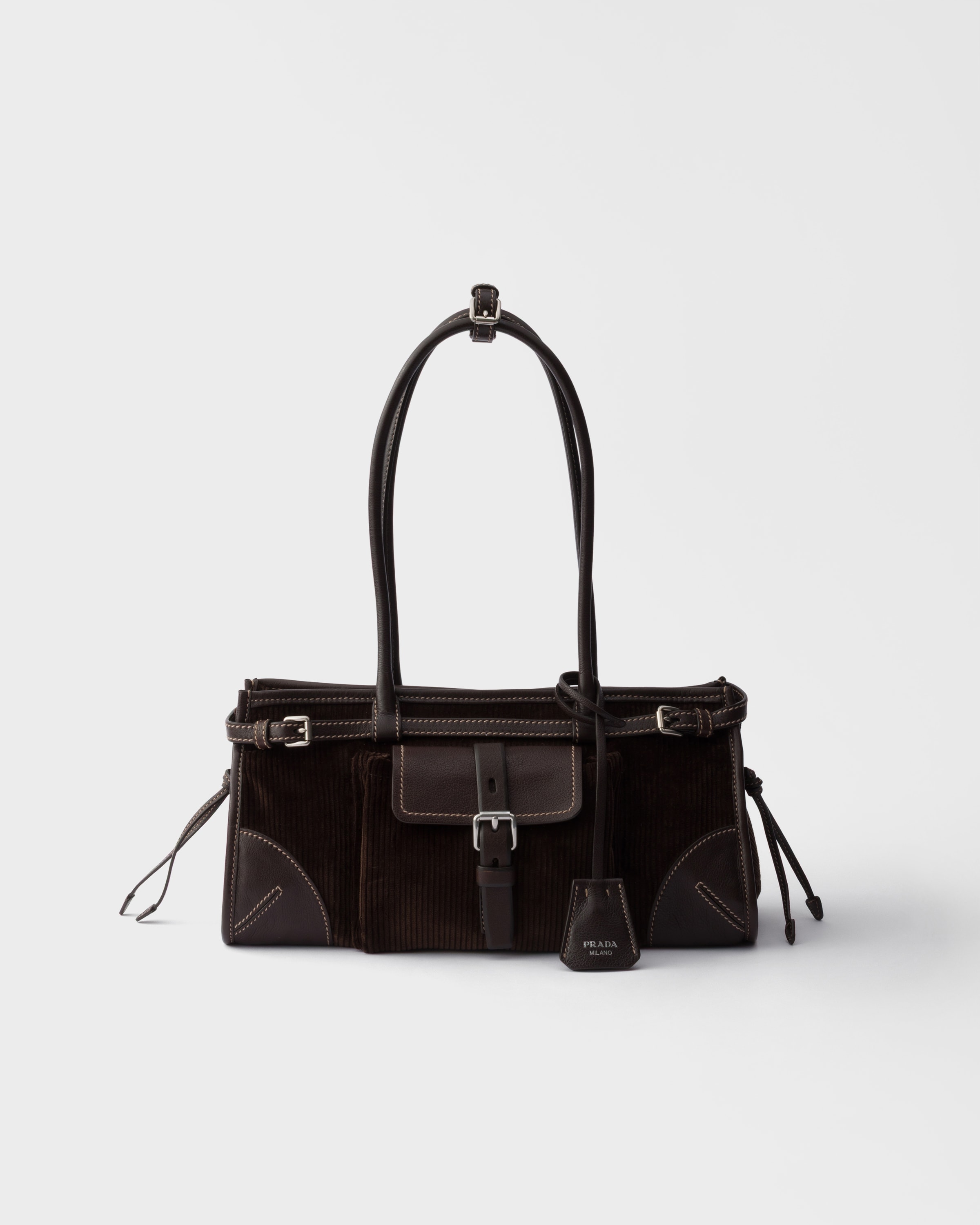 Sac à main prada bonnie en velours côtelé et cuir PRADA Marron
