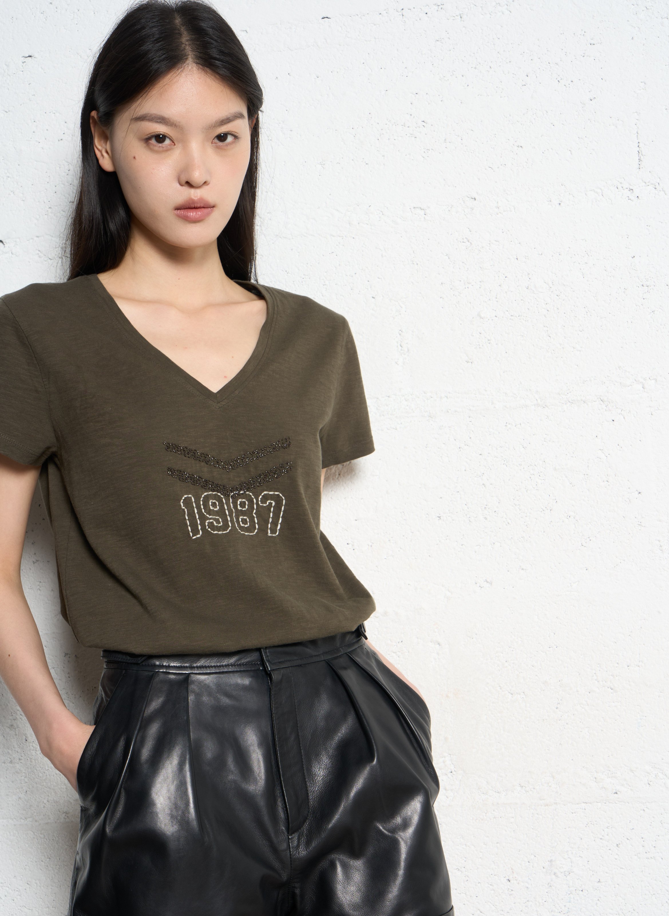 Tee-shirt col v en coton IKKS Kaki