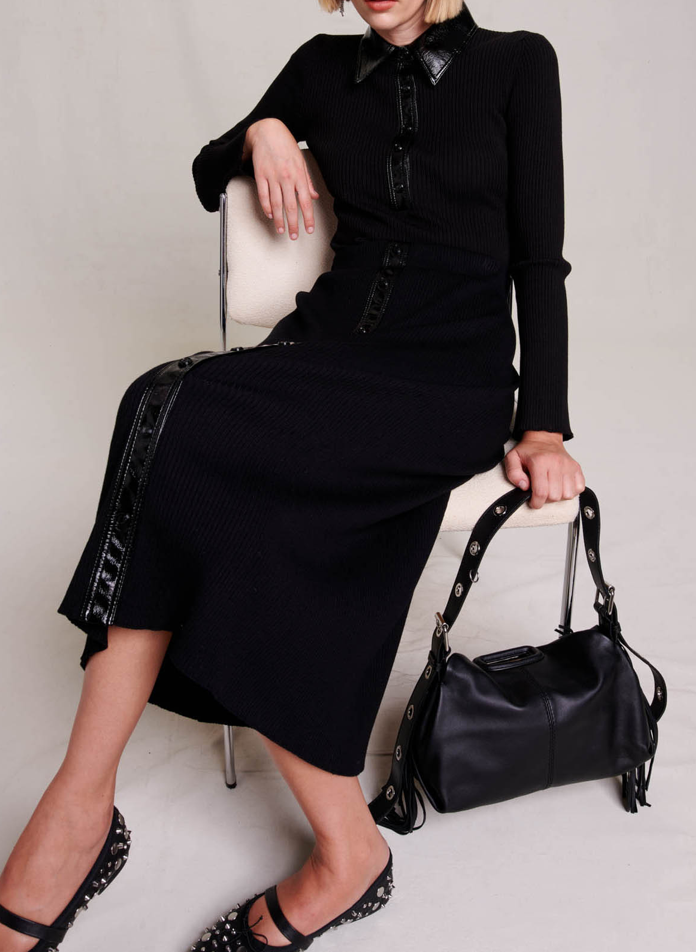 Sac bandoulière en cuir lisse miss m MAJE Noir