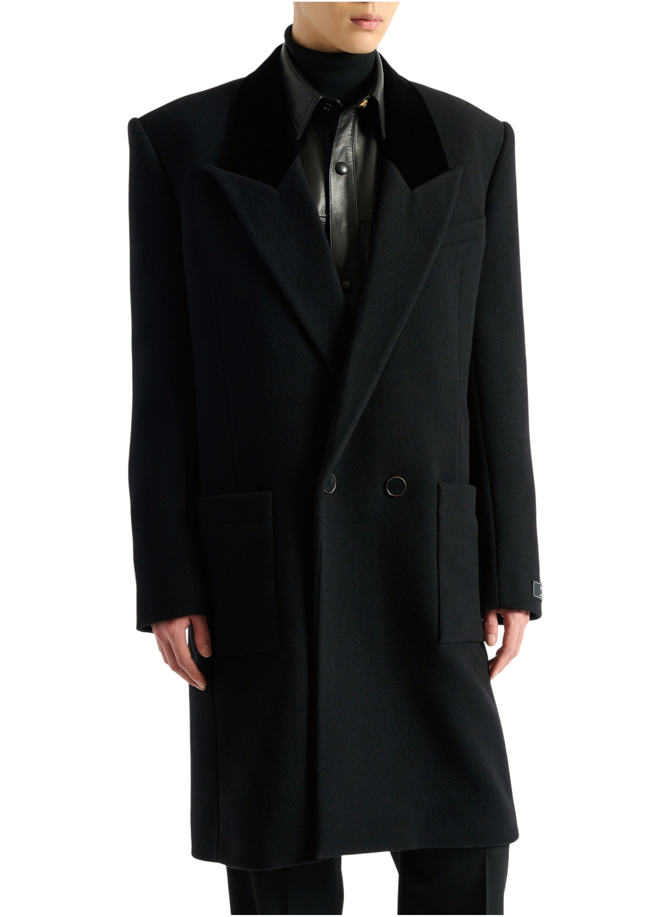 Manteau long en laine et velours BALMAIN Noir