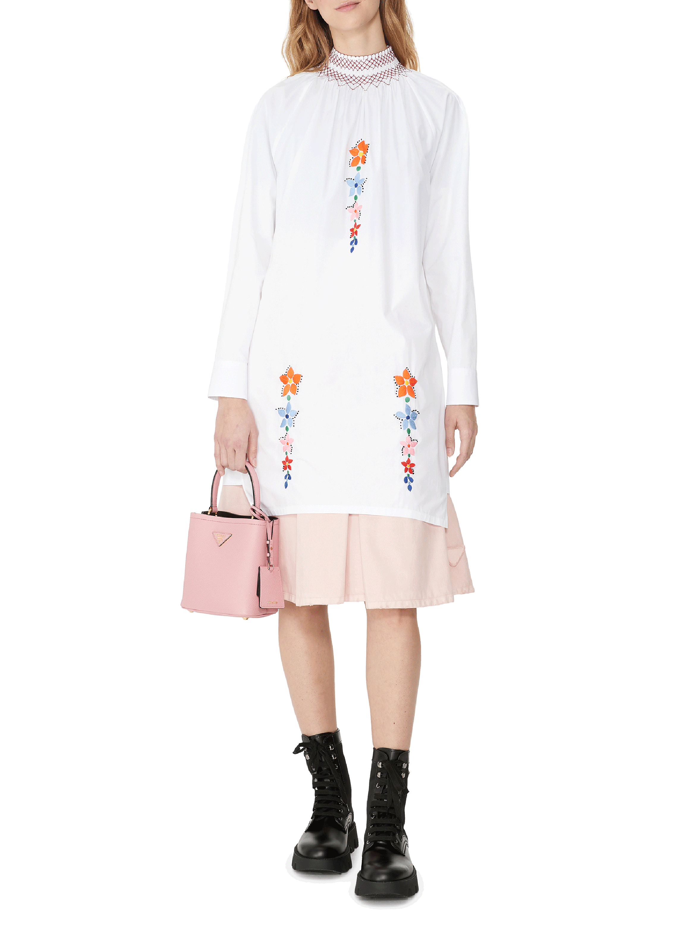 Robe en popeline de coton brodée PRADA Blanc