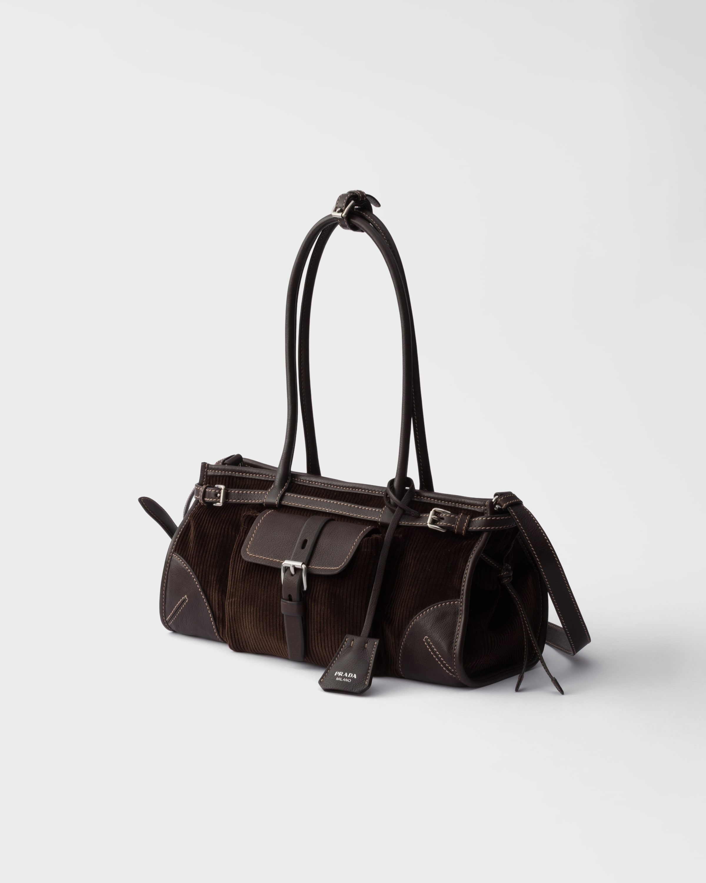 Sac à main prada bonnie en velours côtelé et cuir PRADA Marron