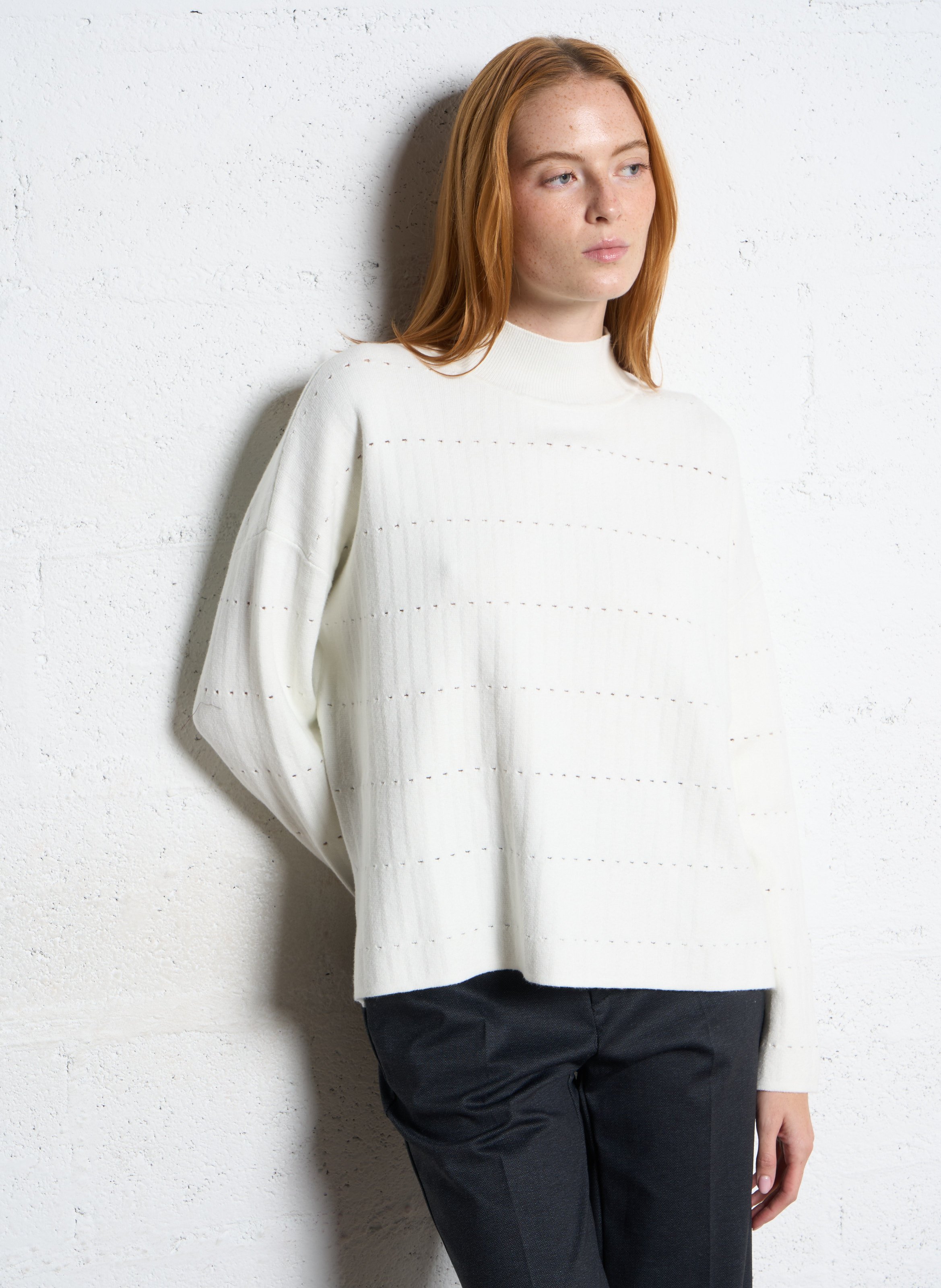 Pull ample col montant en coton mélangé IKKS Blanc