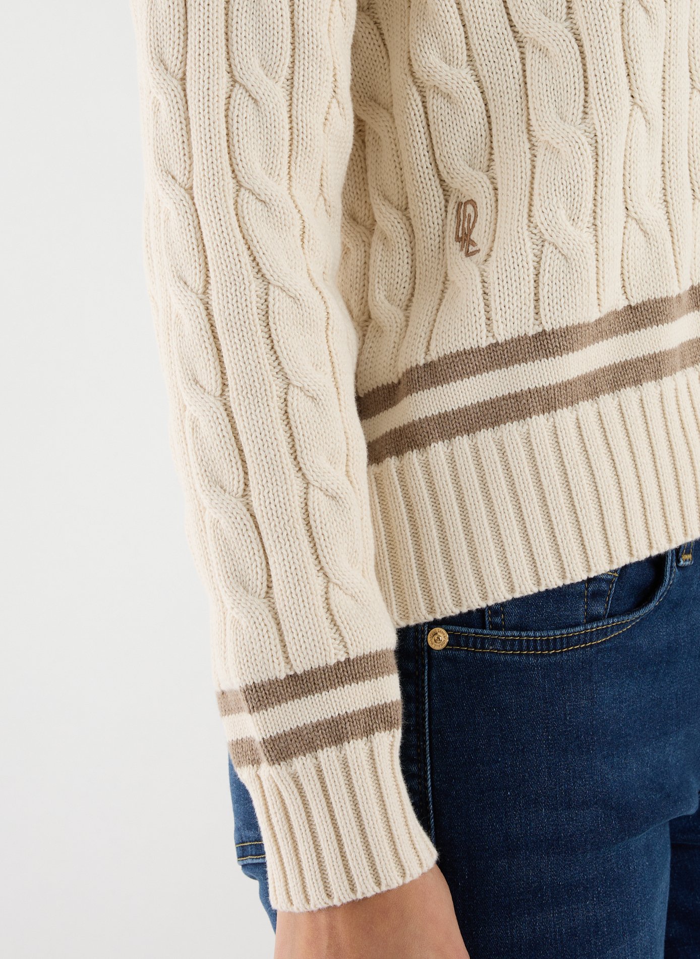 Pull col V en maille torsadée de coton LAUREN Beige