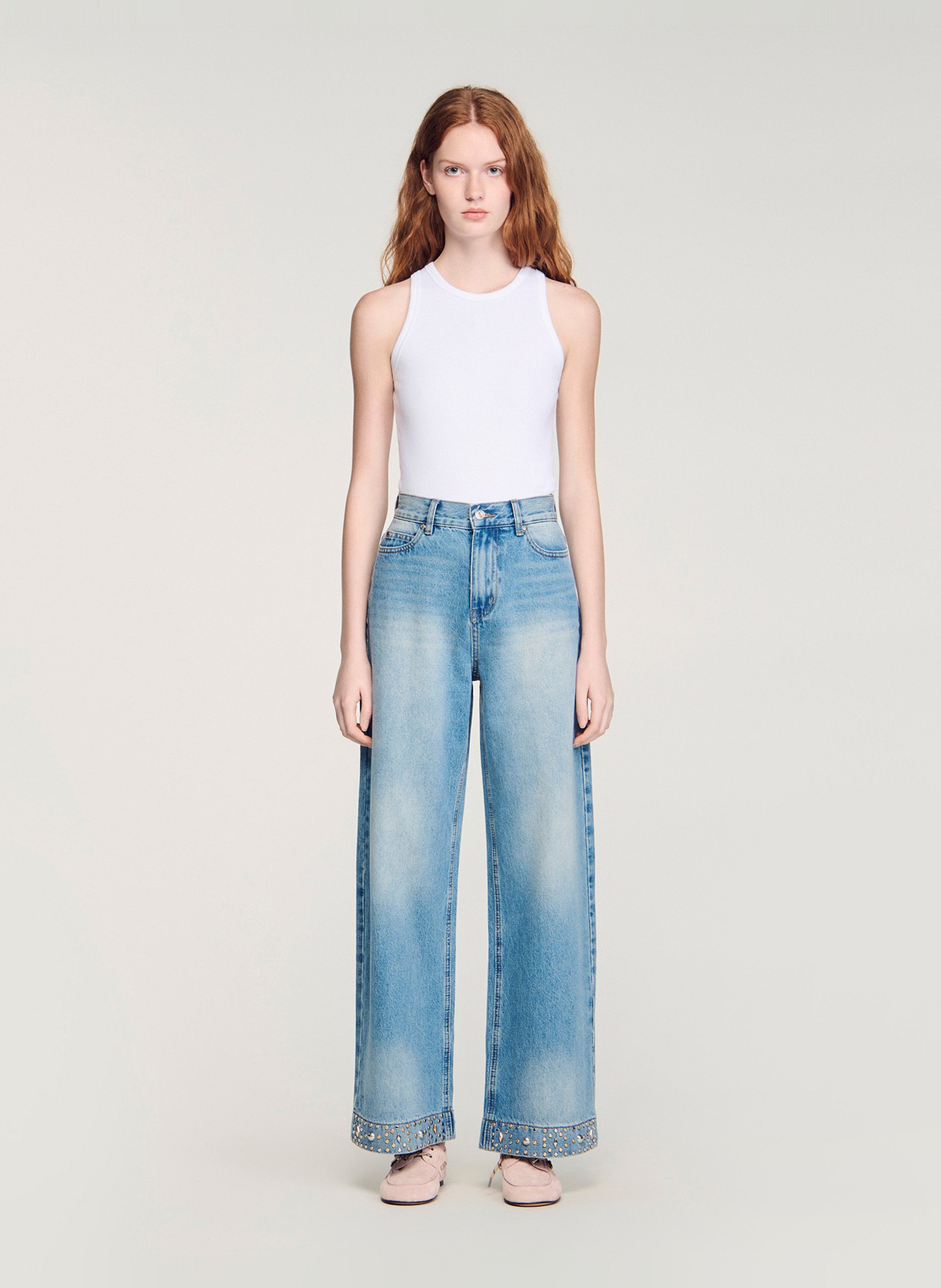 Jean taille haute délavé à clous SANDRO Bleu