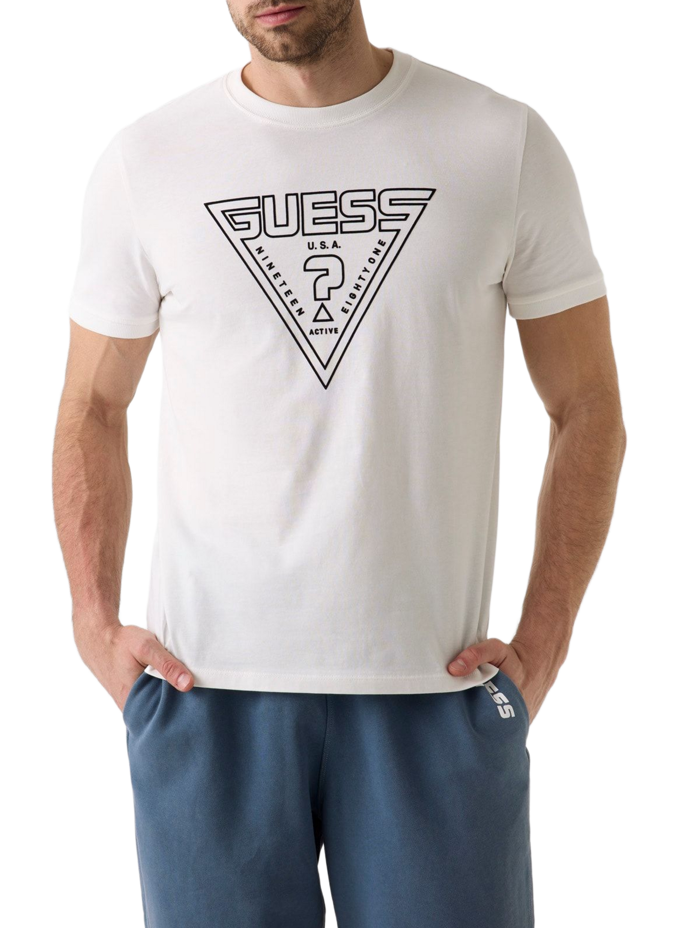 Straight short-sleeved T-shirt with cotton triangle logo GUESS White