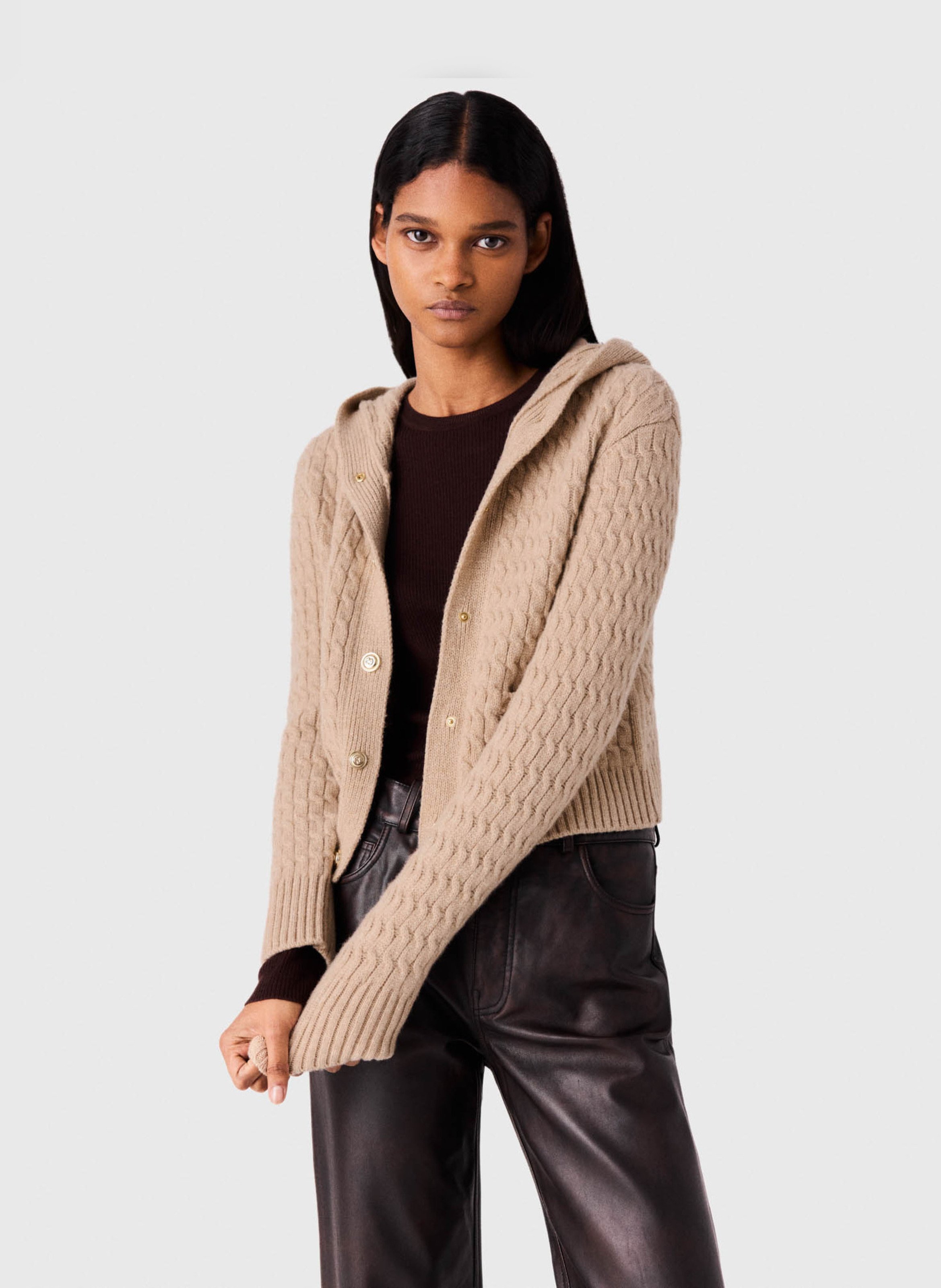 Cardigan col capuche en laine MAJE Beige