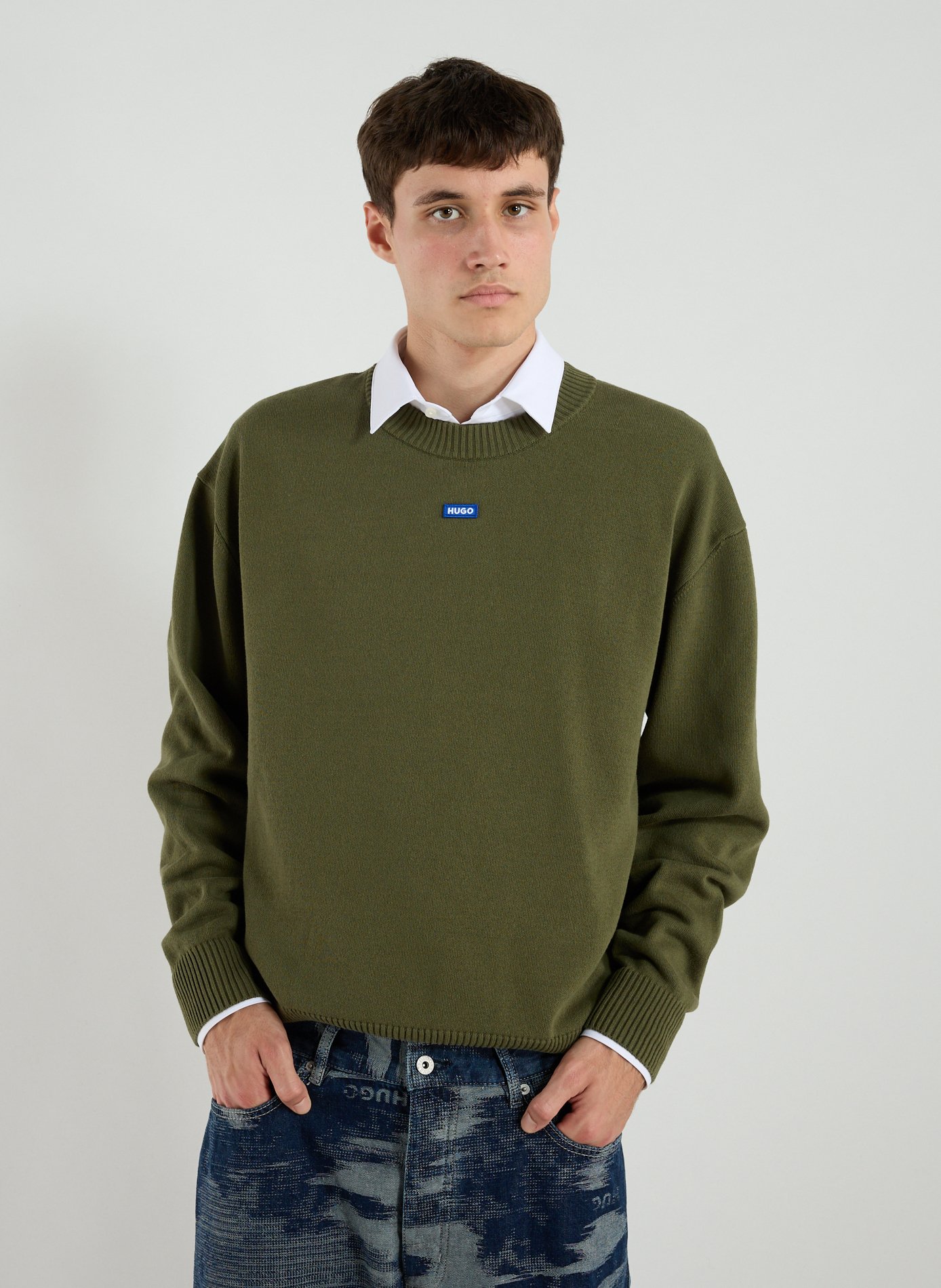 HUGO BLUE Straight fit cotton blend sweater Khaki