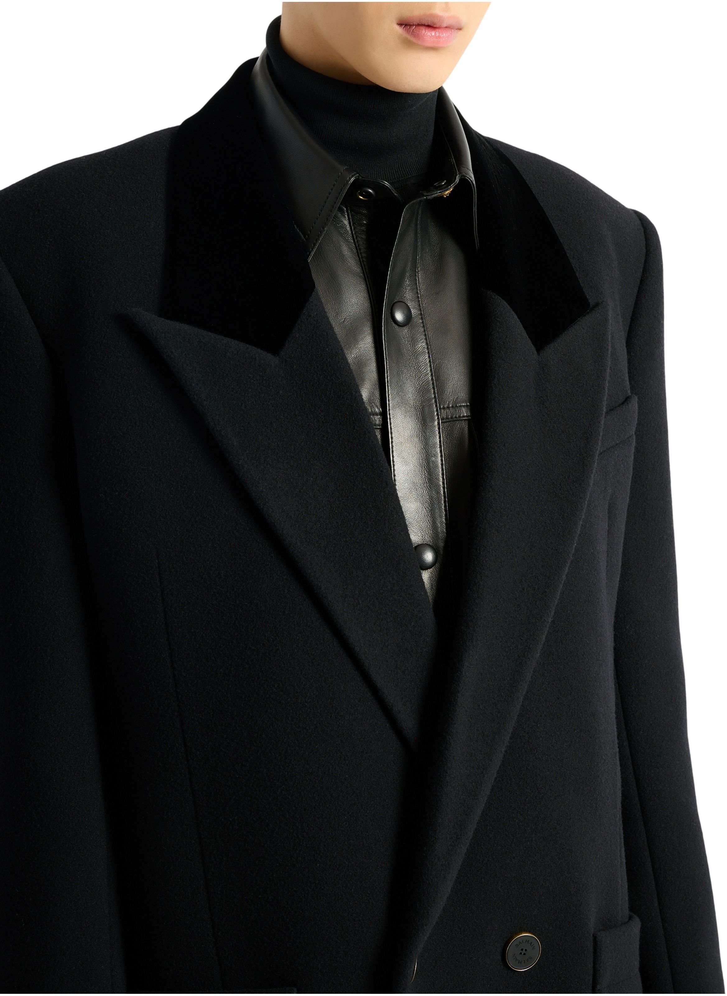 Manteau long en laine et velours BALMAIN Noir