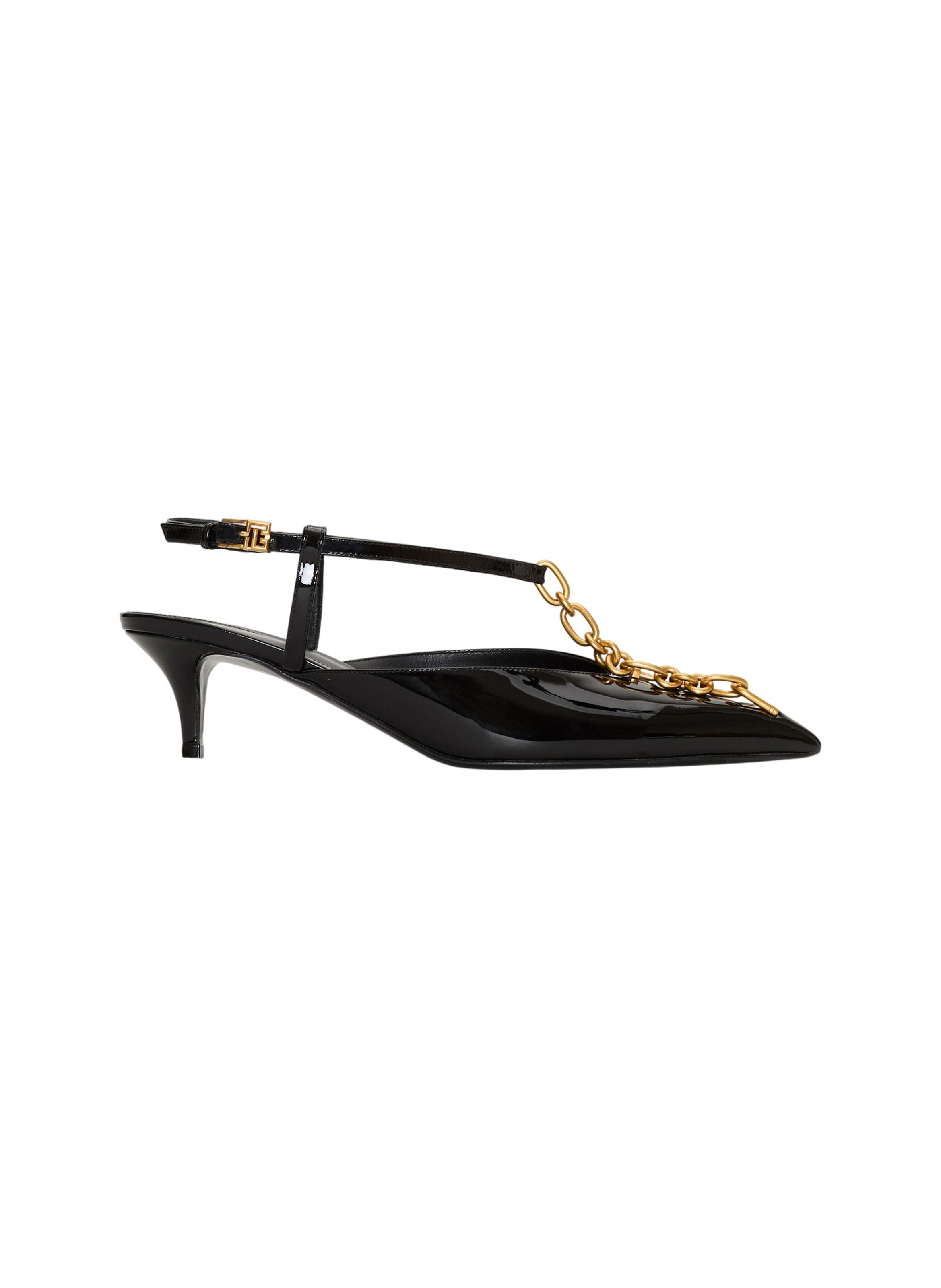 Slingbacks sync à talons en cuir verni avec chaîne BALMAIN Noir