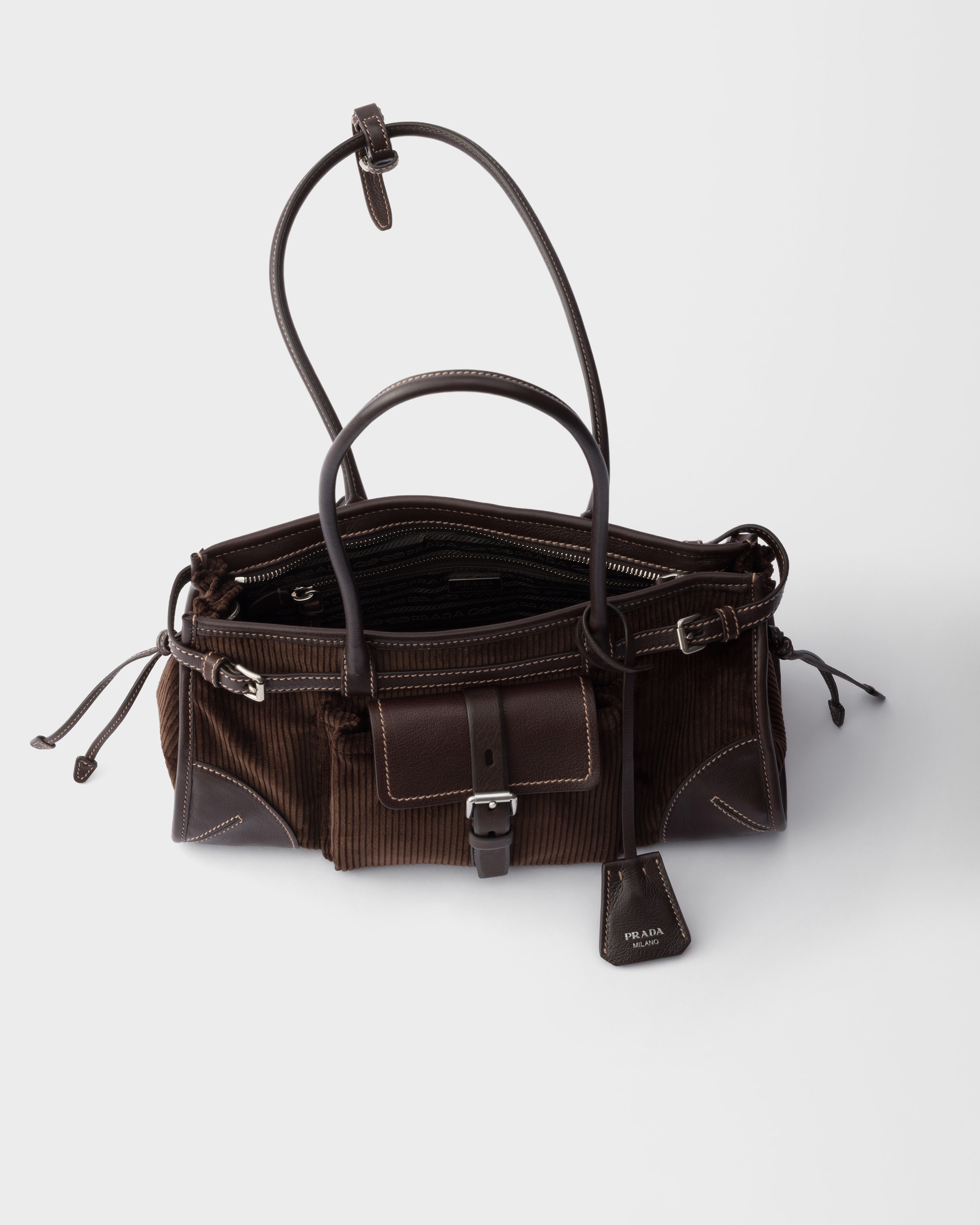 Sac à main prada bonnie en velours côtelé et cuir PRADA Marron