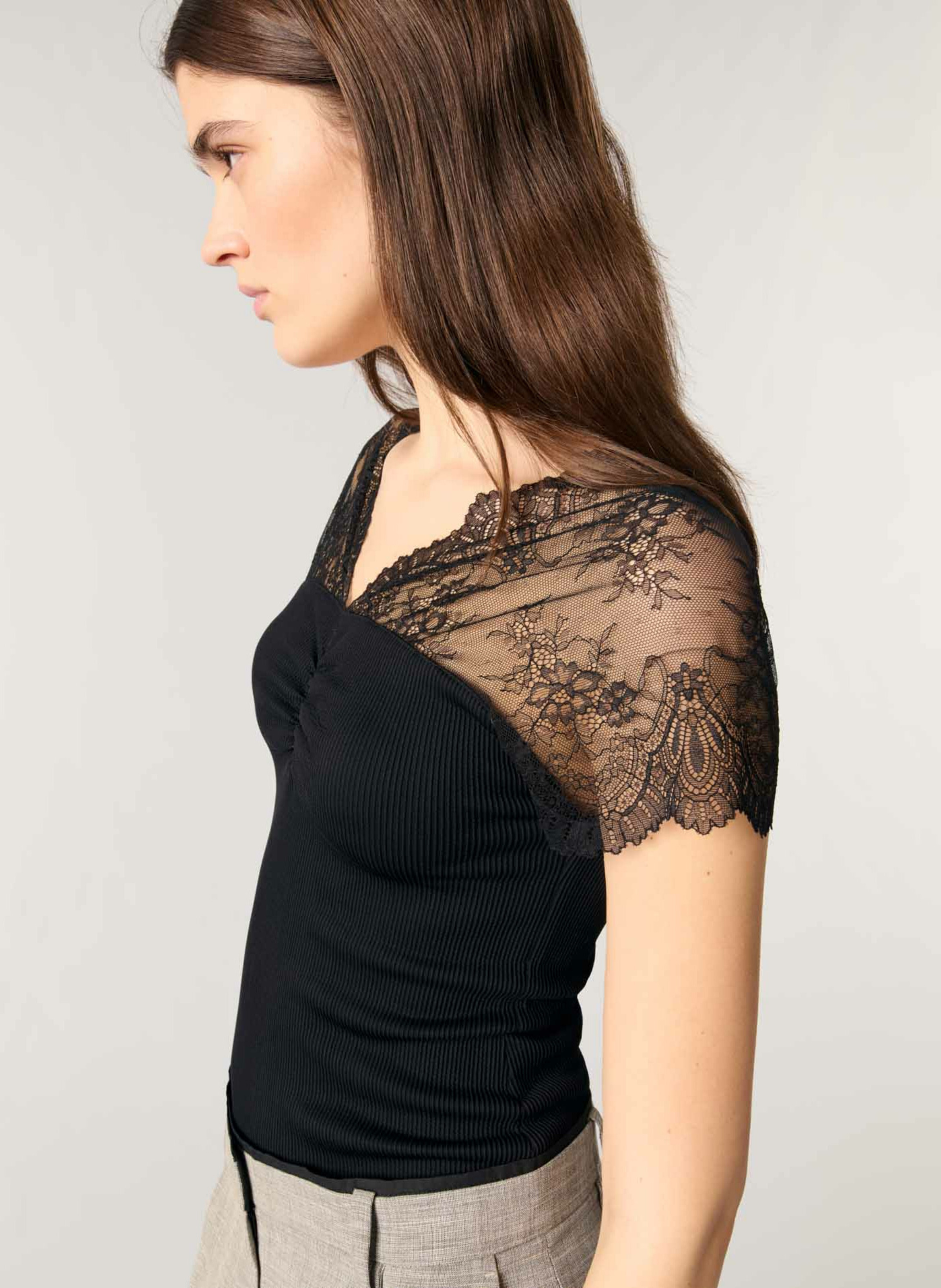 Top col v à dentelle MAJE Noir