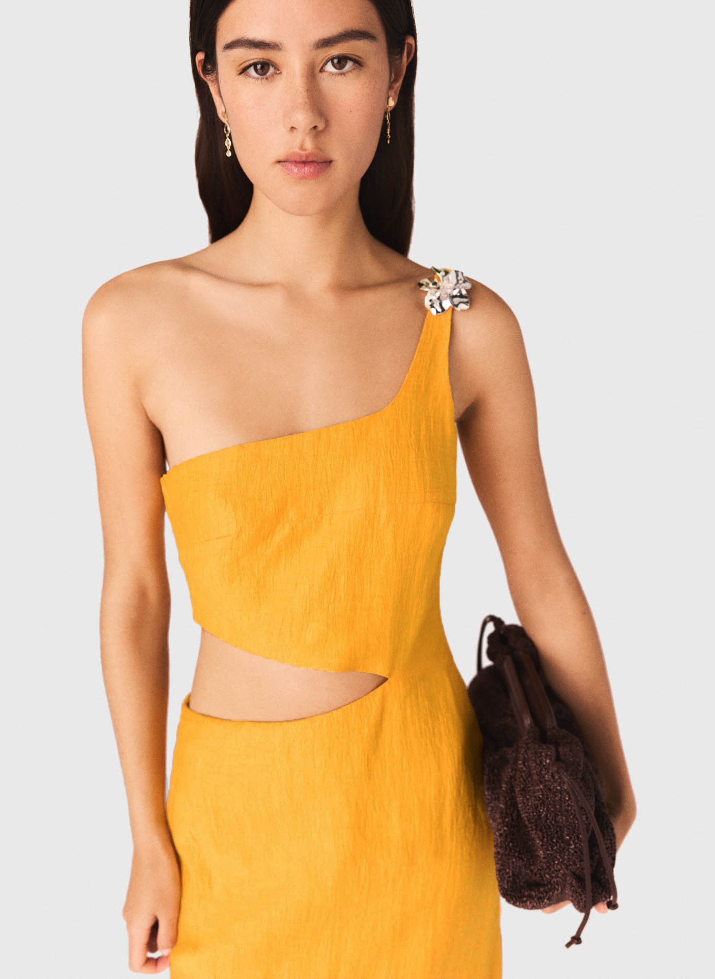 Robe longue unie en lin mélangé Orange