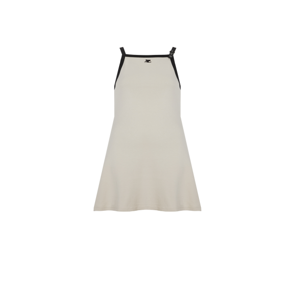 Courrèges Belted Cotton Mini Dress With Puffed Sleeve In Neutral
