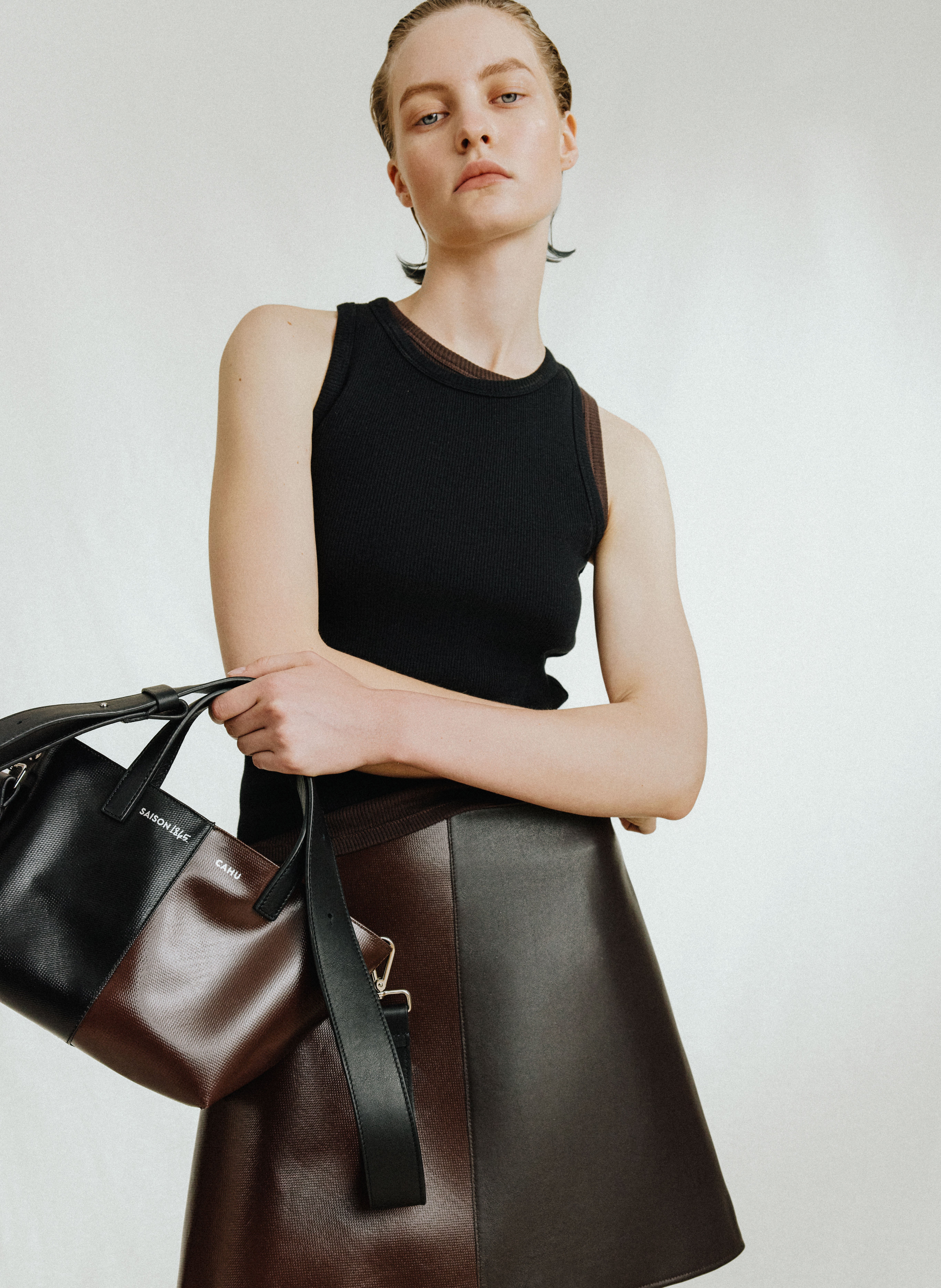 x Cahu - Bi-material shoulder bag SAISON 1865 Brown