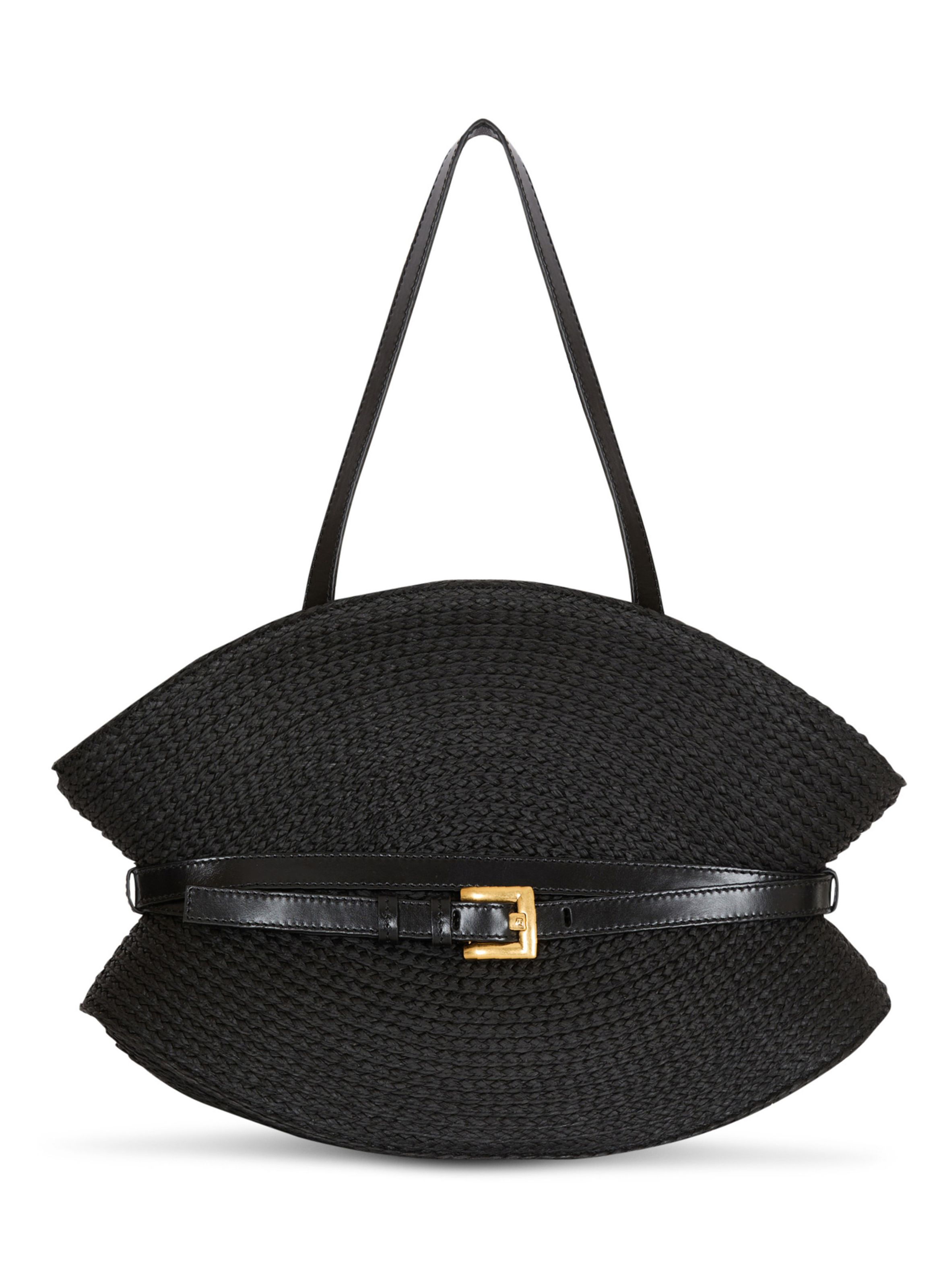 Sac shuffle medium en raphia et cuir de veau BALMAIN Noir