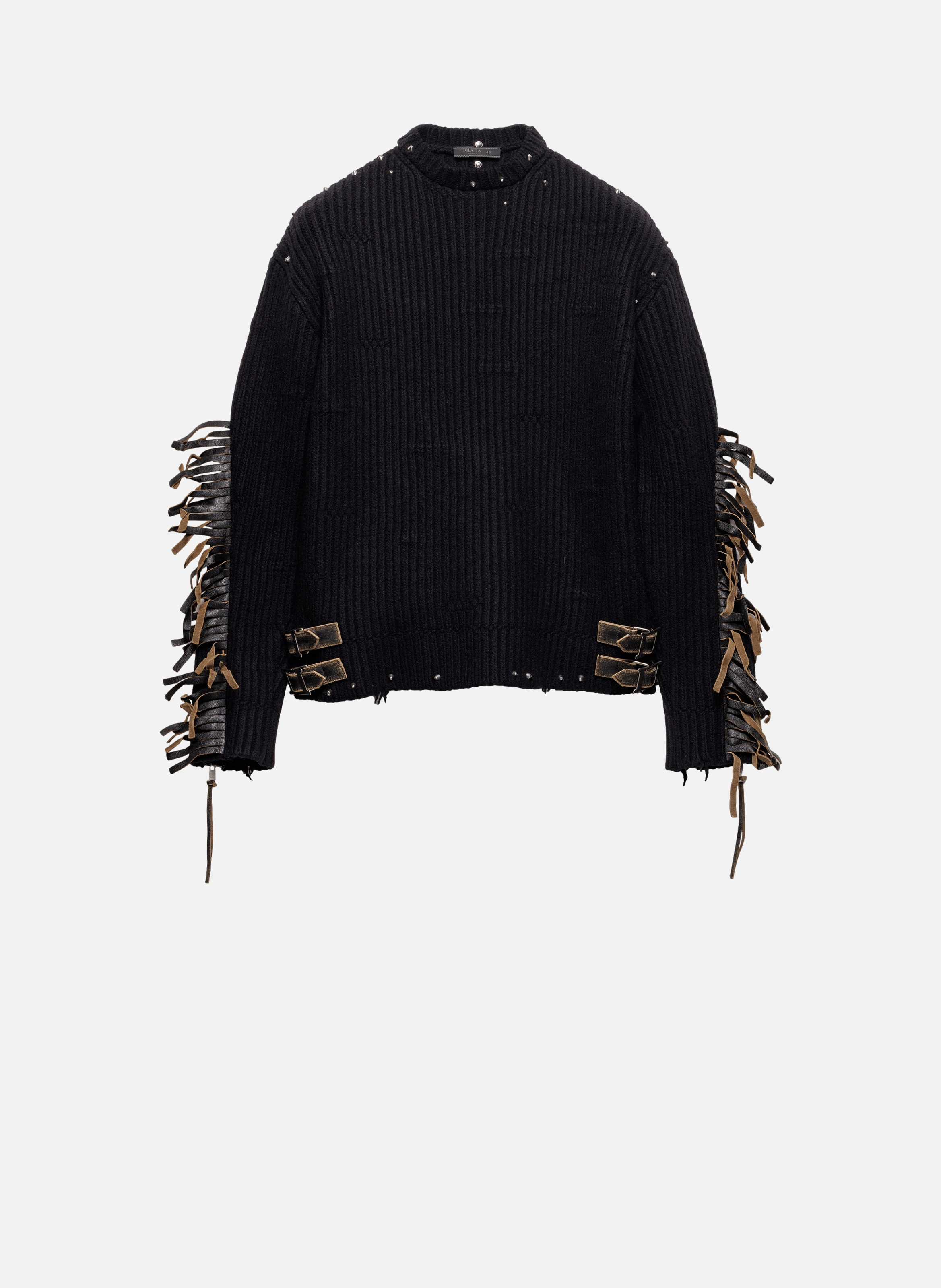 Pull à col rond en laine avec franges et clous PRADA Noir