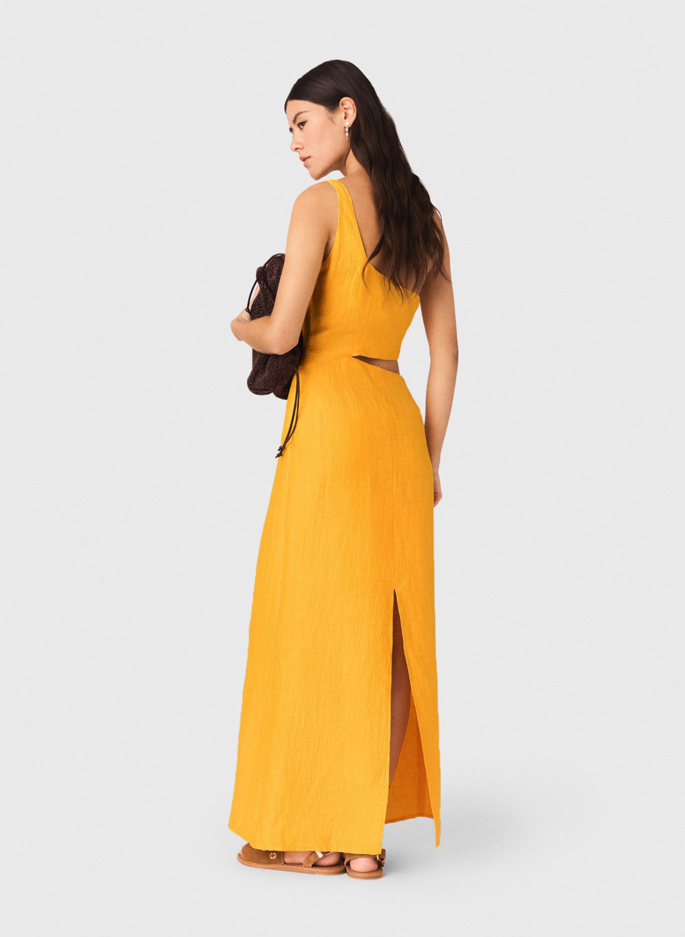 Robe longue unie en lin mélangé Orange