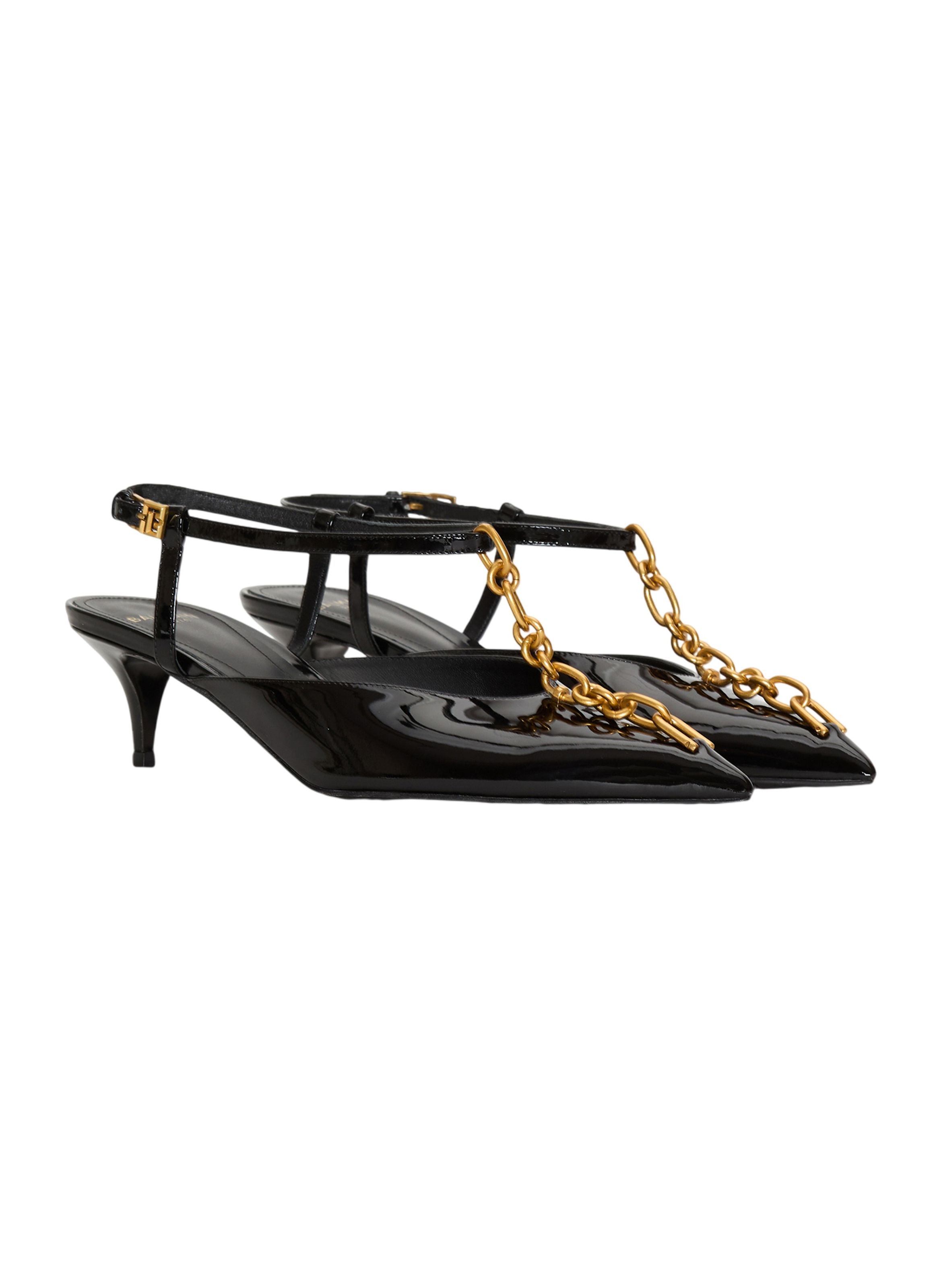 Slingbacks sync à talons en cuir verni avec chaîne BALMAIN Noir